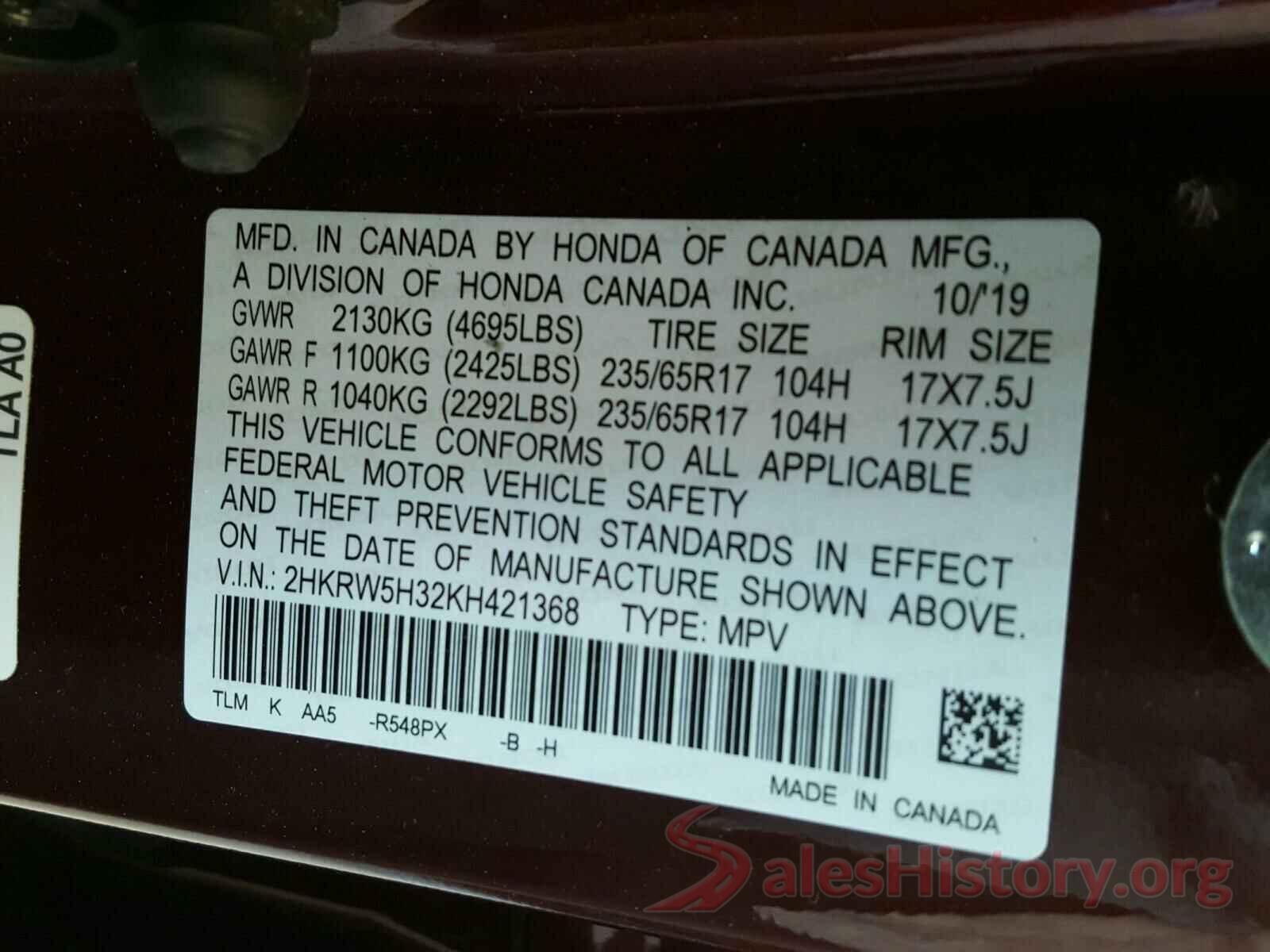 2HKRW5H32KH421368 2019 HONDA CRV