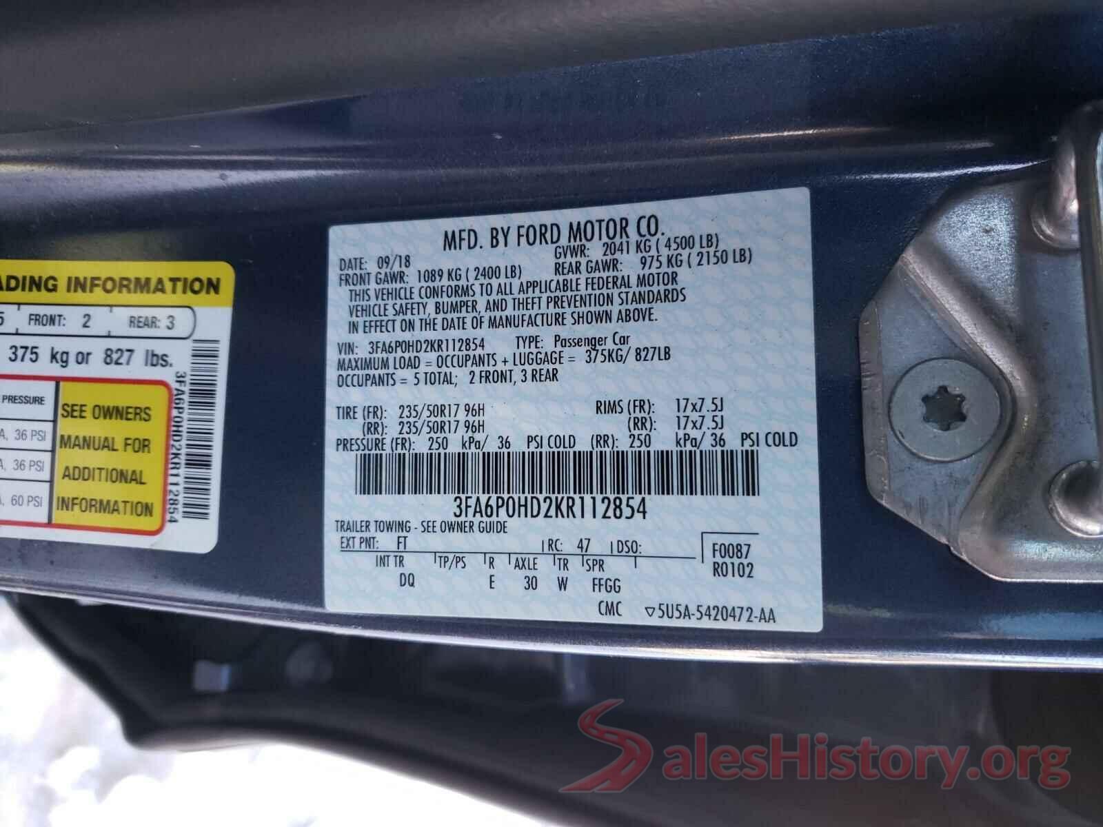 3FA6P0HD2KR112854 2019 FORD FUSION