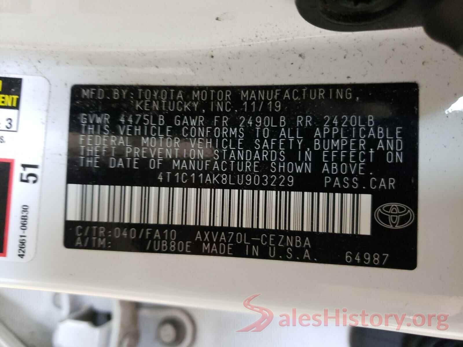 4T1C11AK8LU903229 2020 TOYOTA CAMRY