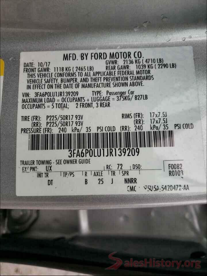 3FA6P0LU1JR139209 2018 FORD FUSION