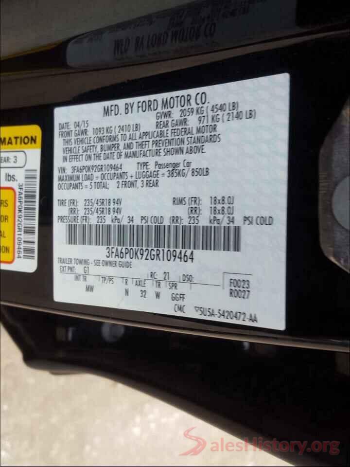 3FA6P0K92GR109464 2016 FORD FUSION