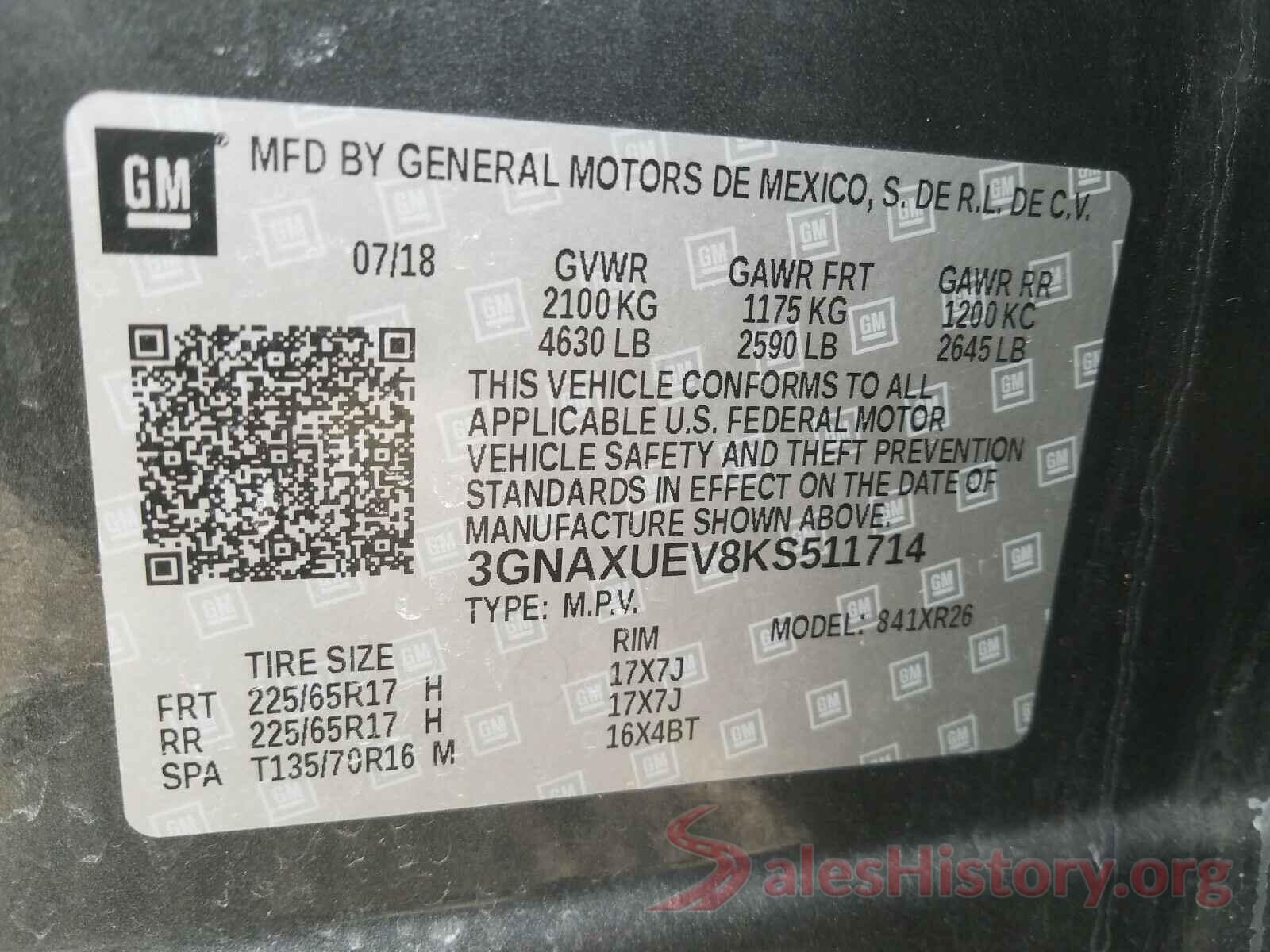 3GNAXUEV8KS511714 2019 CHEVROLET EQUINOX