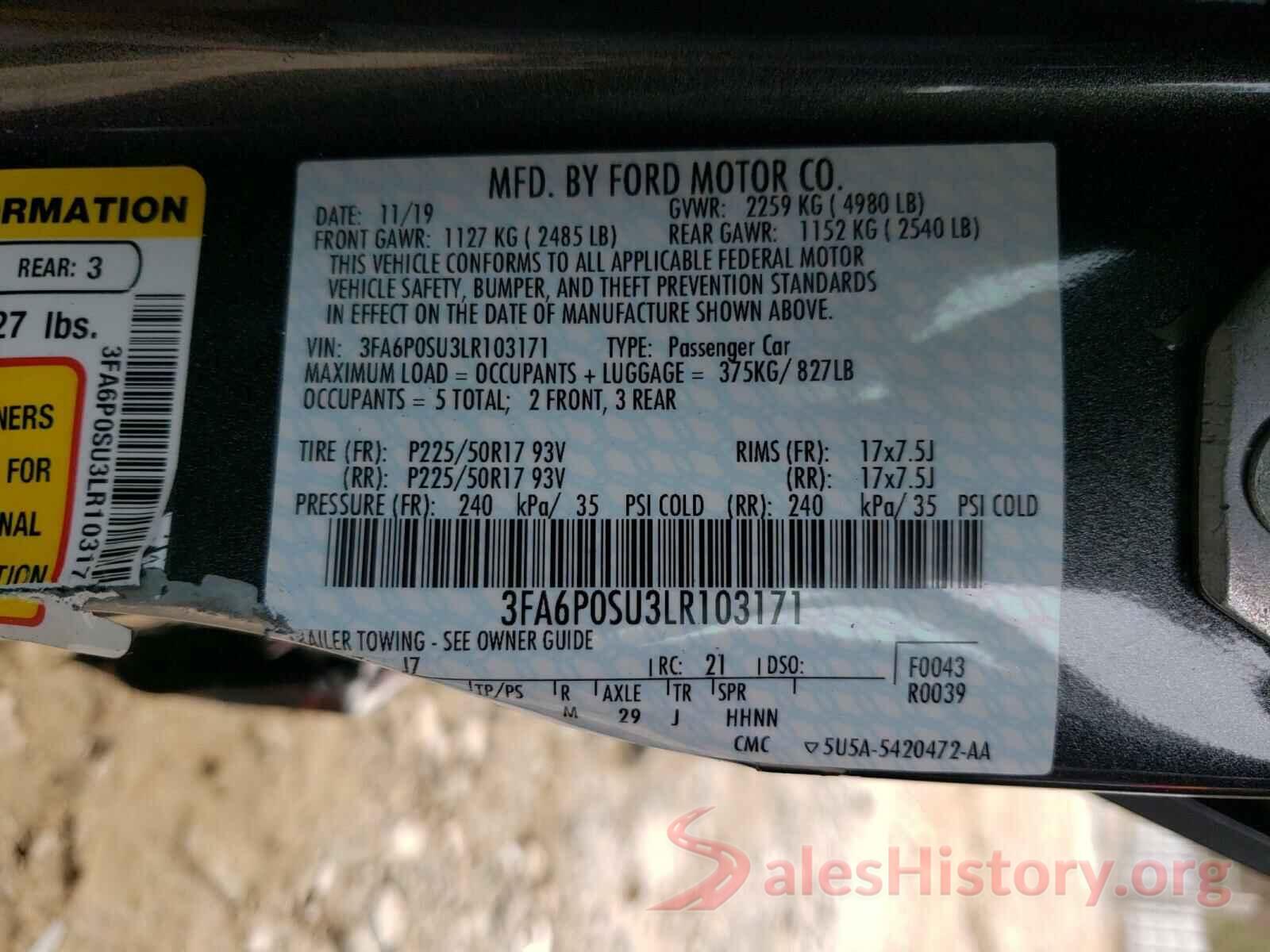 3FA6P0SU3LR103171 2020 FORD FUSION