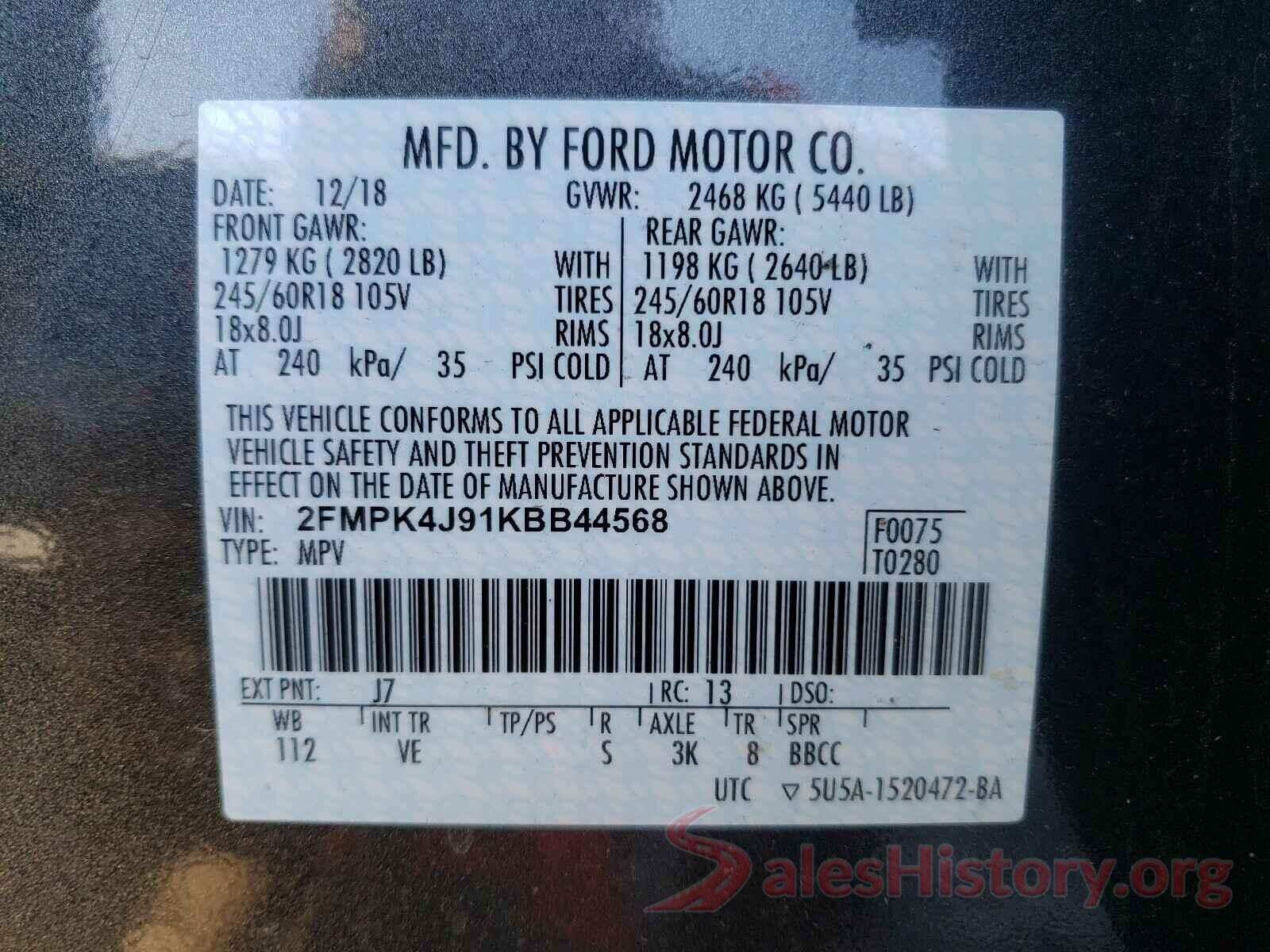 2FMPK4J91KBB44568 2019 FORD EDGE