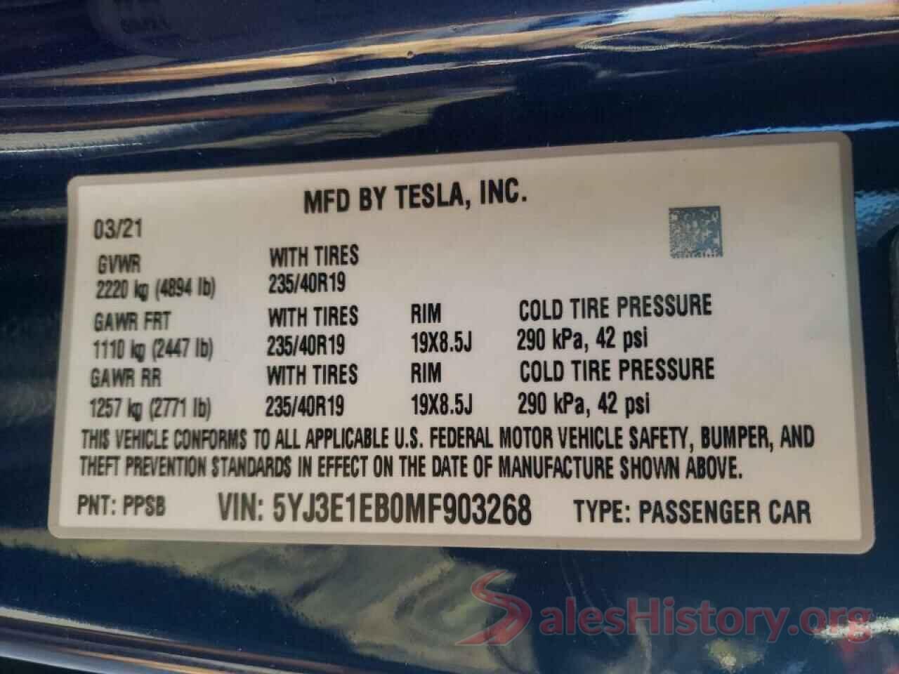 5YJ3E1EB0MF903268 2021 TESLA MODEL 3