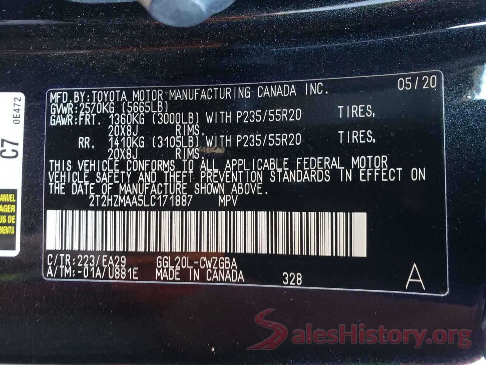 2T2HZMAA5LC171887 2020 LEXUS RX350