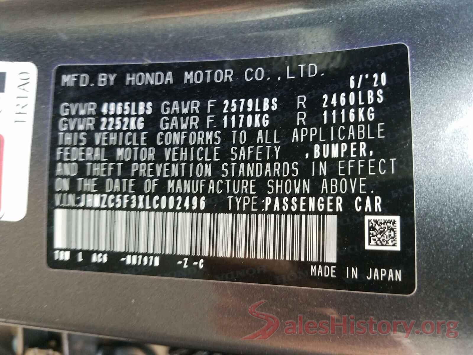 JHMZC5F3XLC002496 2020 HONDA CLARITY