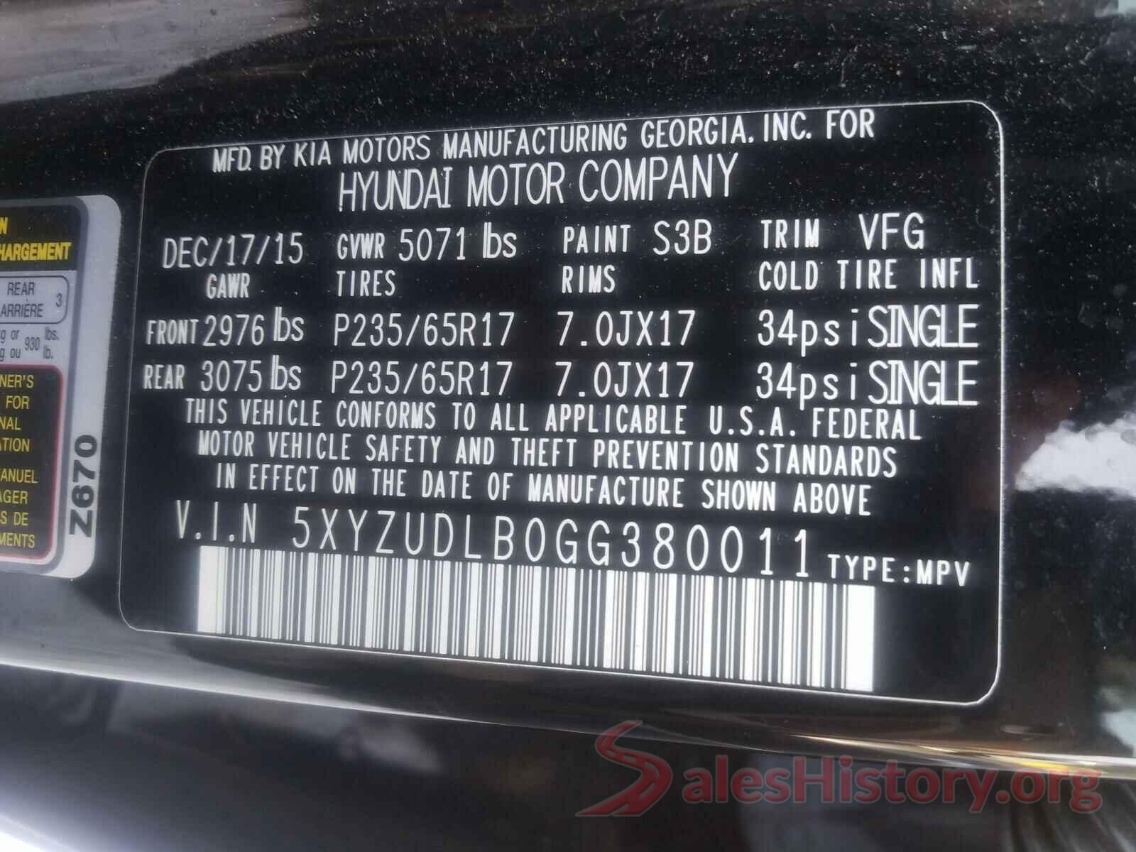 5XYZUDLB0GG380011 2016 HYUNDAI SANTA FE