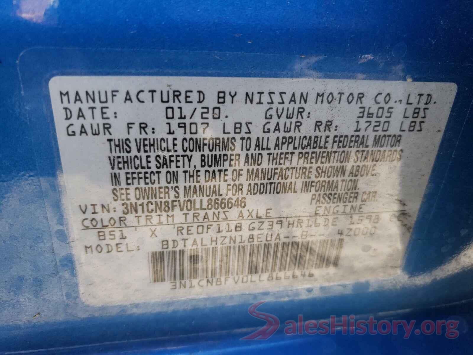 3N1CN8FV0LL866646 2020 NISSAN VERSA