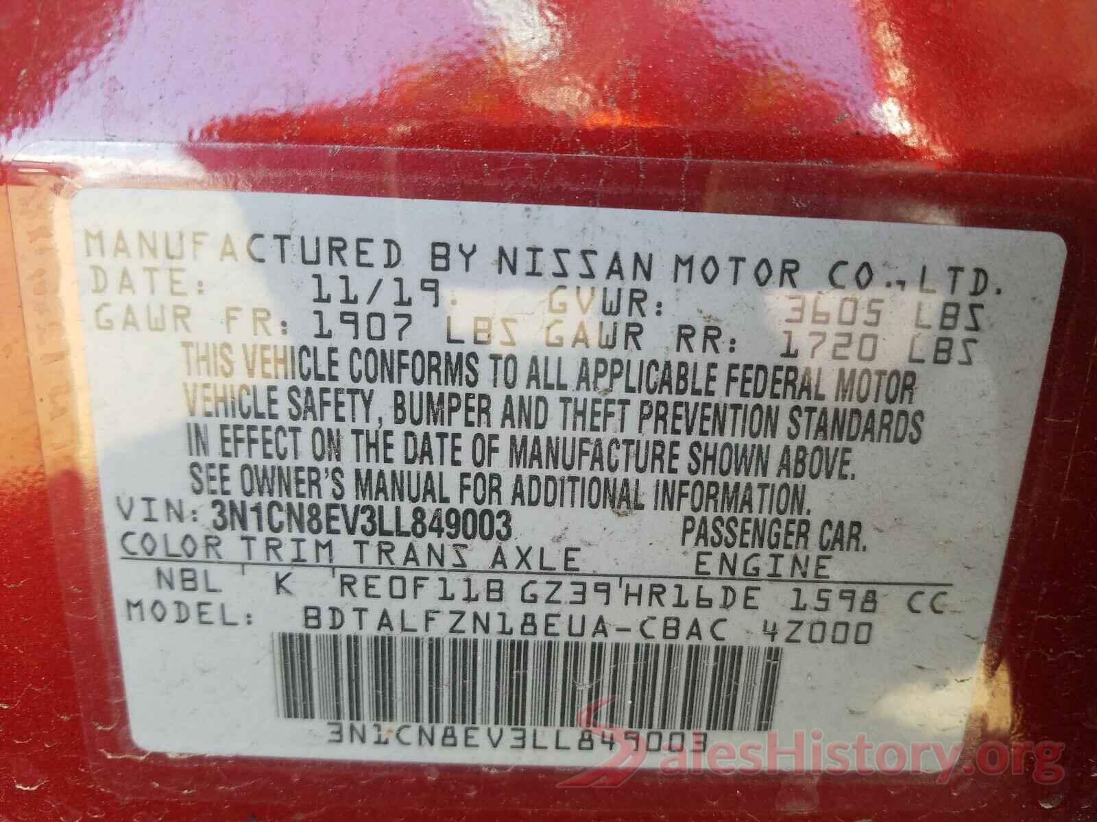 3N1CN8EV3LL849003 2020 NISSAN VERSA