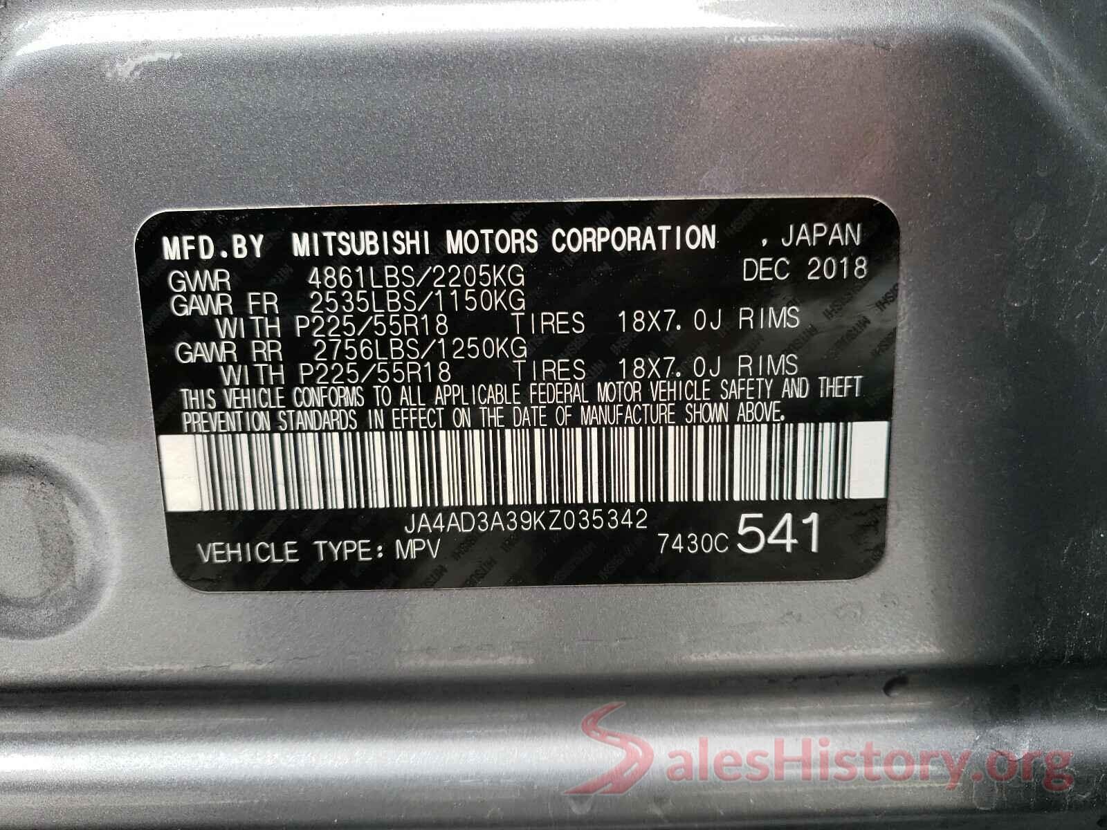 JA4AD3A39KZ035342 2019 MITSUBISHI OUTLANDER