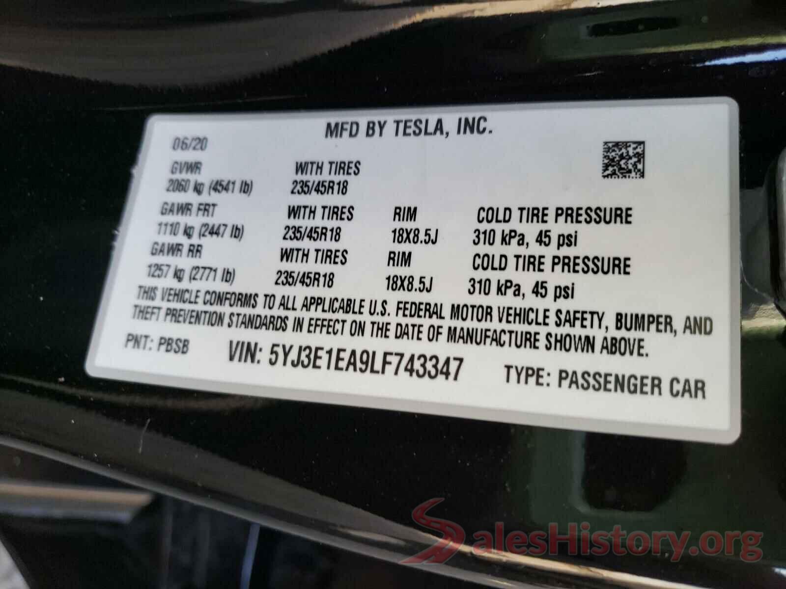 5YJ3E1EA9LF743347 2020 TESLA MODEL 3