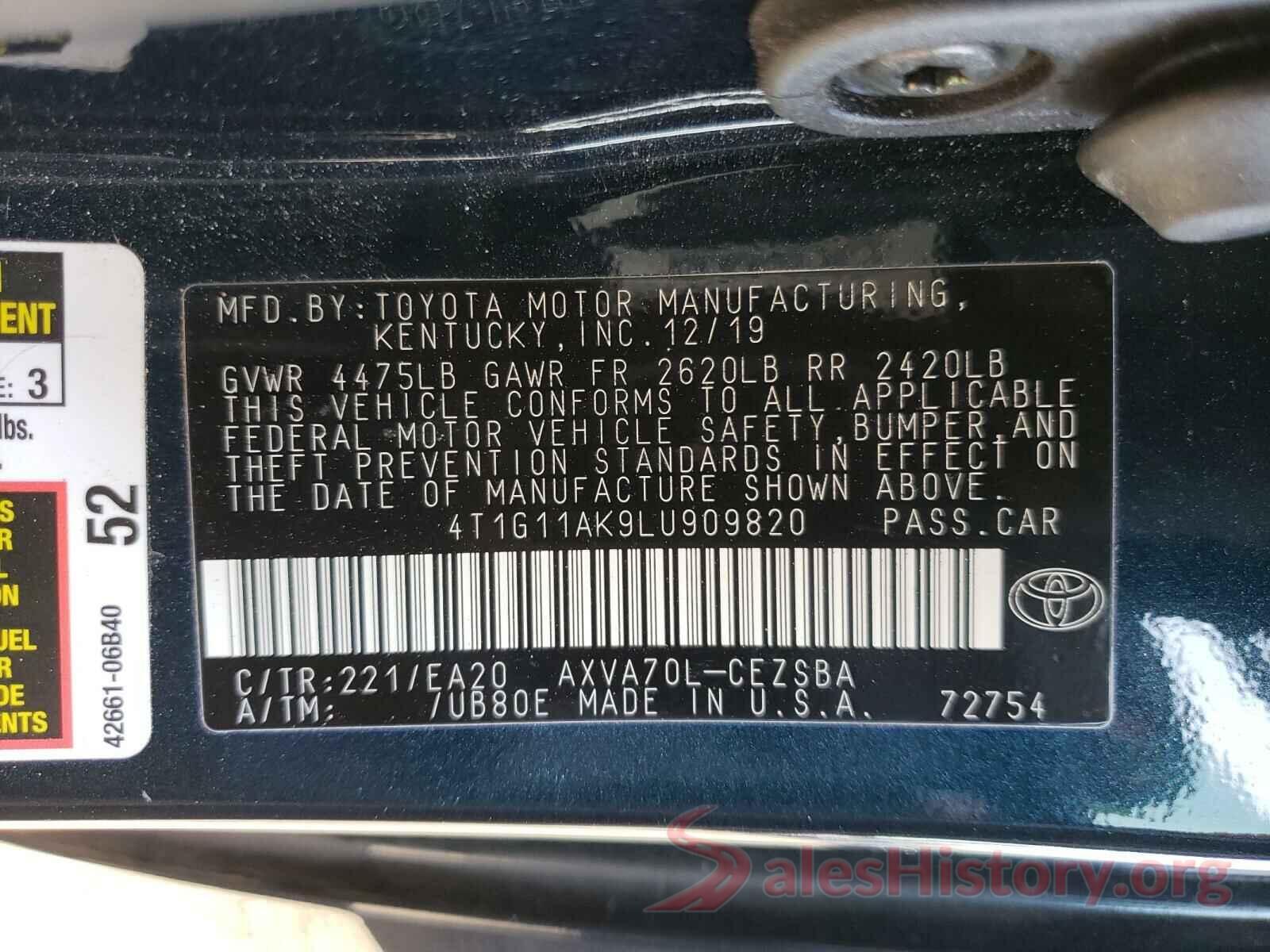 4T1G11AK9LU909820 2020 TOYOTA CAMRY