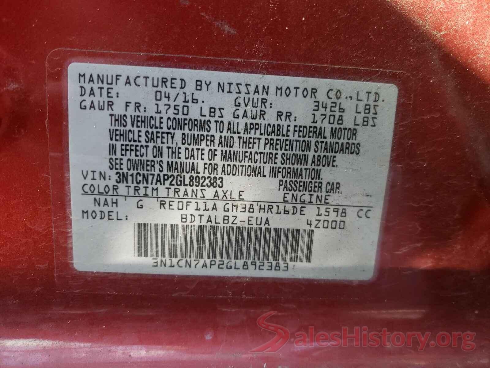 3N1CN7AP2GL892383 2016 NISSAN VERSA