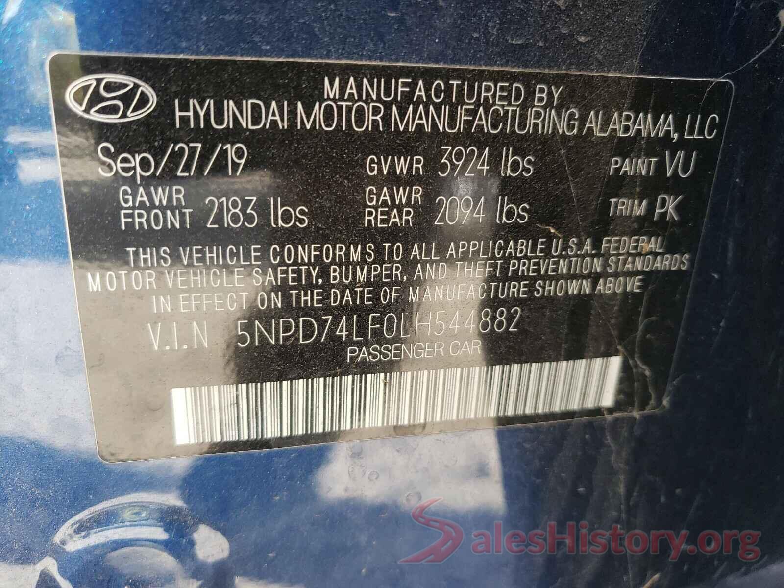 5NPD74LF0LH544882 2020 HYUNDAI ELANTRA