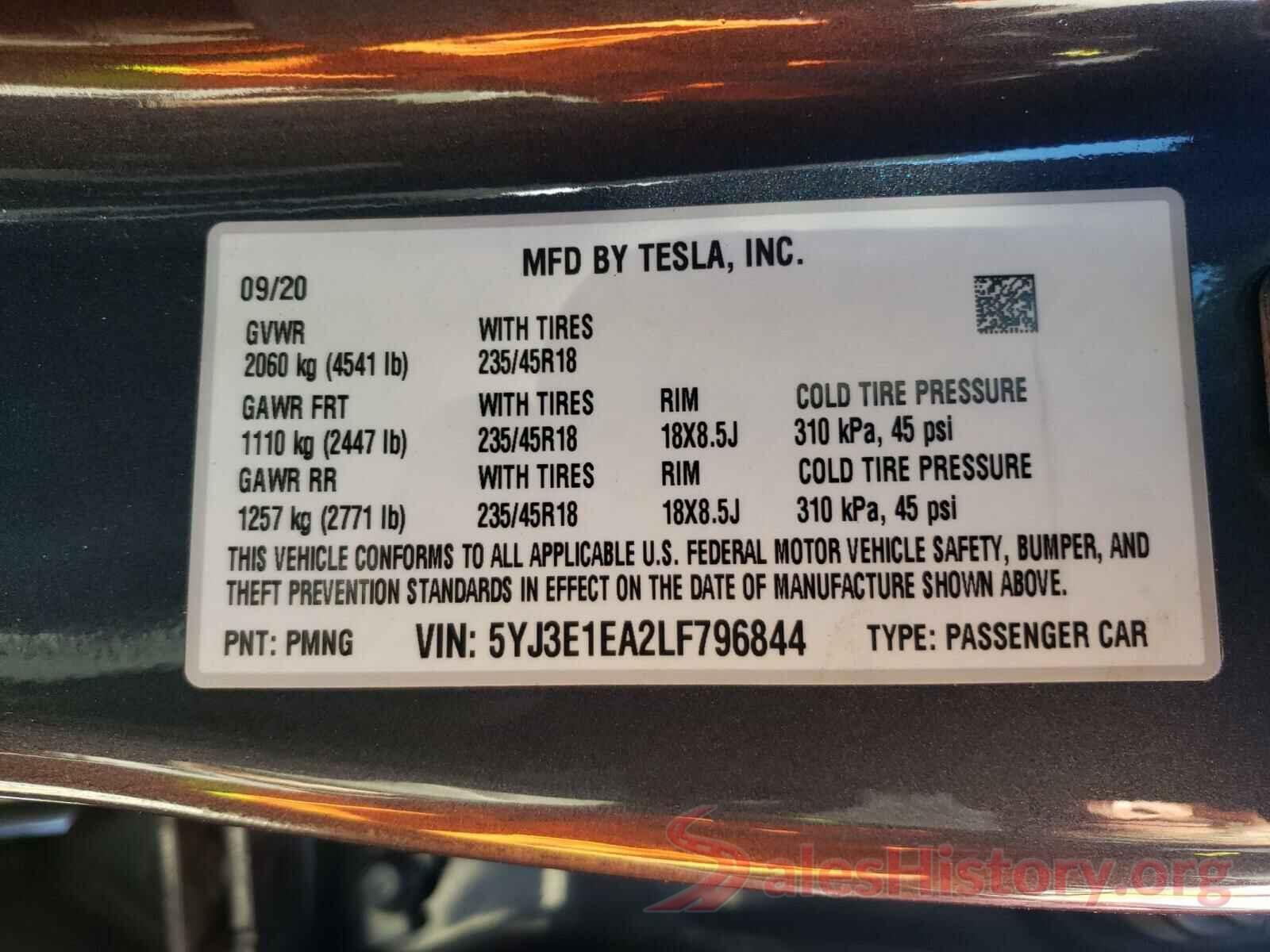 5YJ3E1EA2LF796844 2020 TESLA MODEL 3