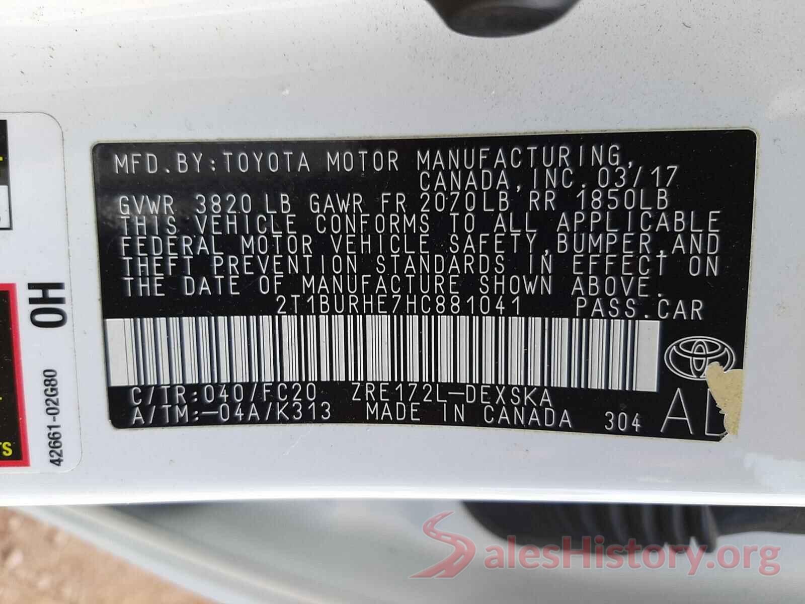 2T1BURHE7HC881041 2017 TOYOTA COROLLA