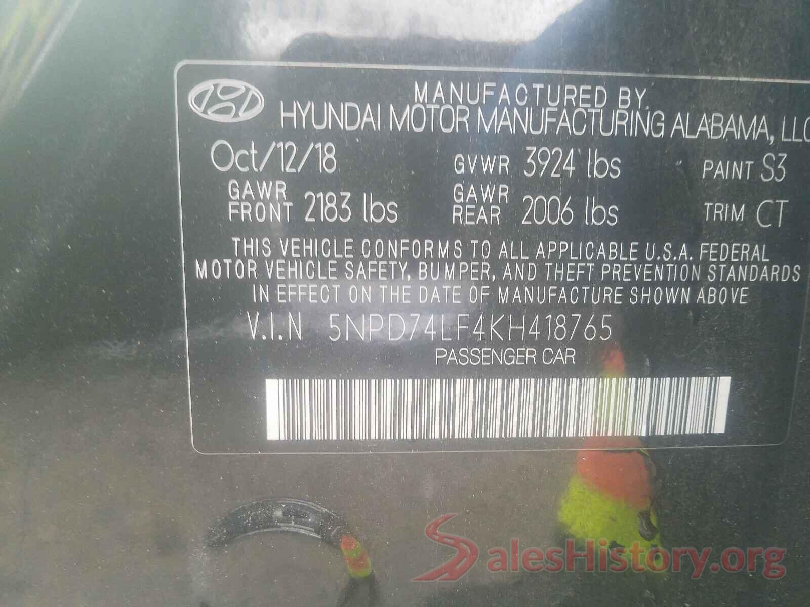 5NPD74LF4KH418765 2019 HYUNDAI ELANTRA