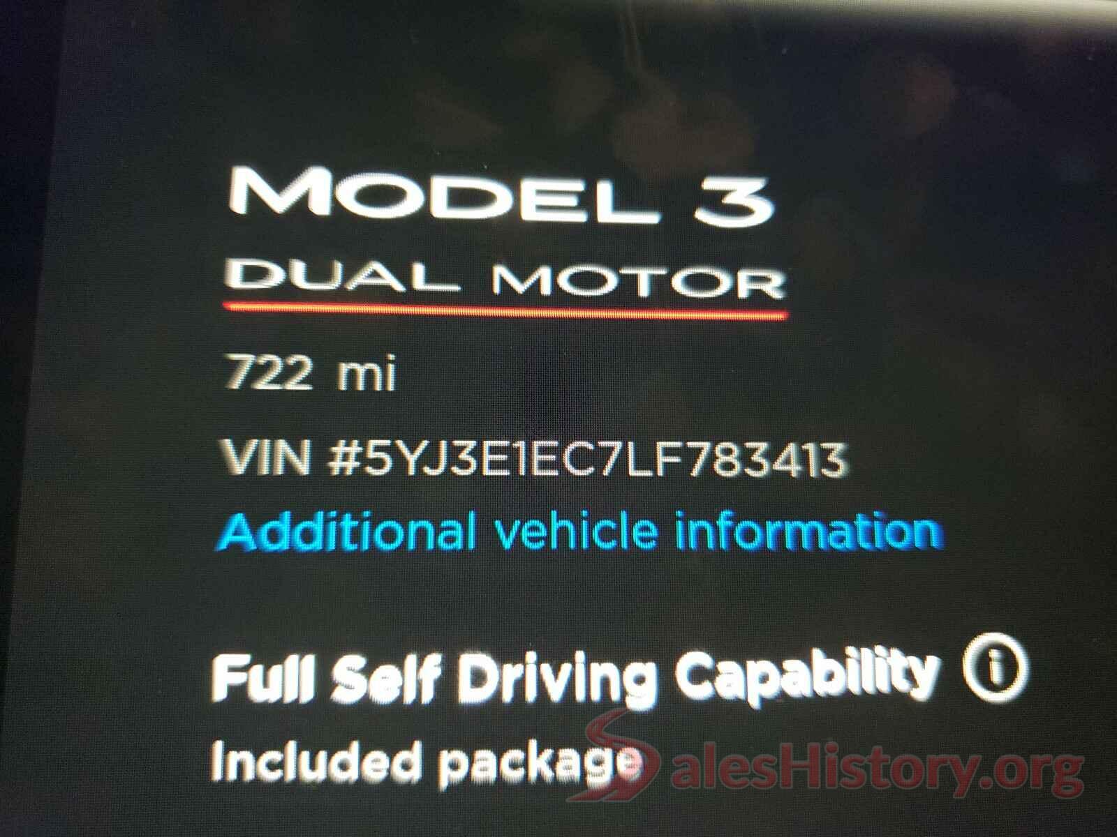 5YJ3E1EC7LF783413 2020 TESLA MODEL 3