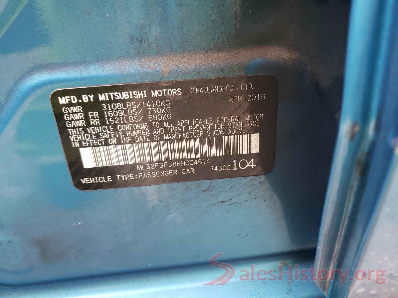 ML32F3FJ8HH004614 2017 MITSUBISHI MIRAGE