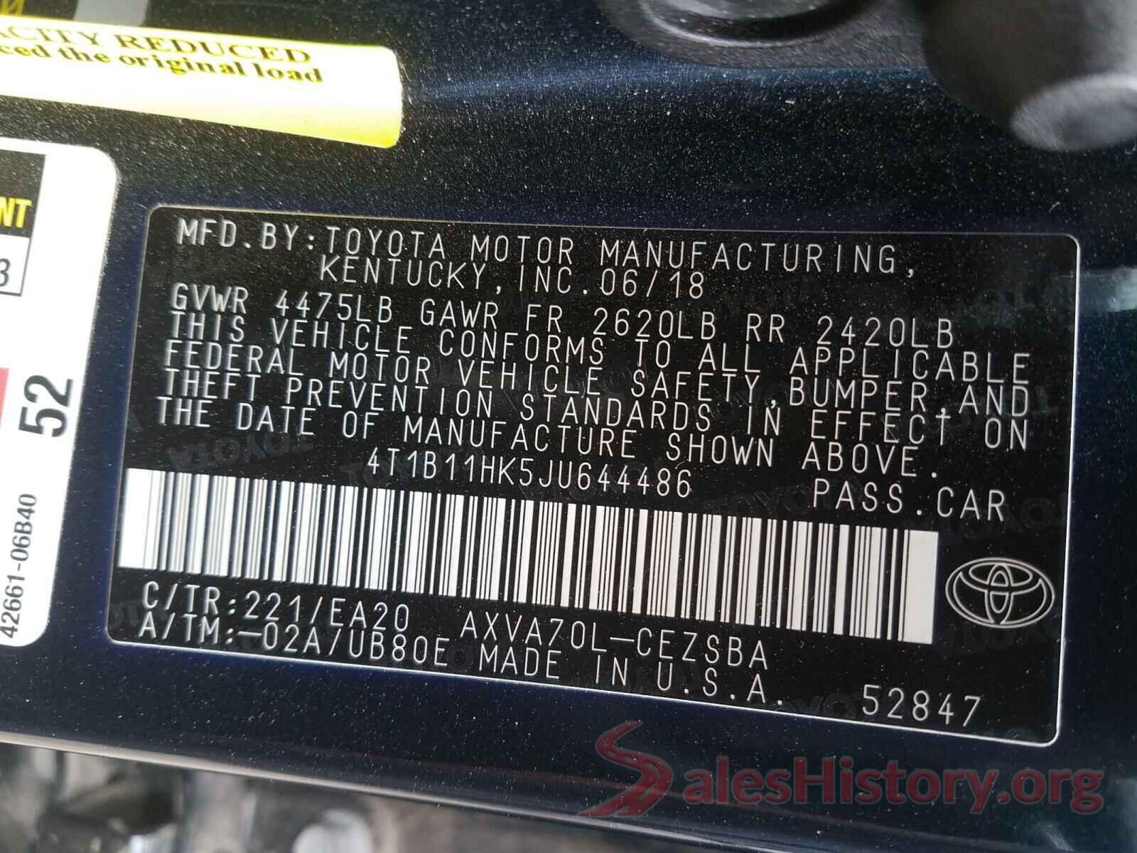 4T1B11HK5JU644486 2018 TOYOTA CAMRY