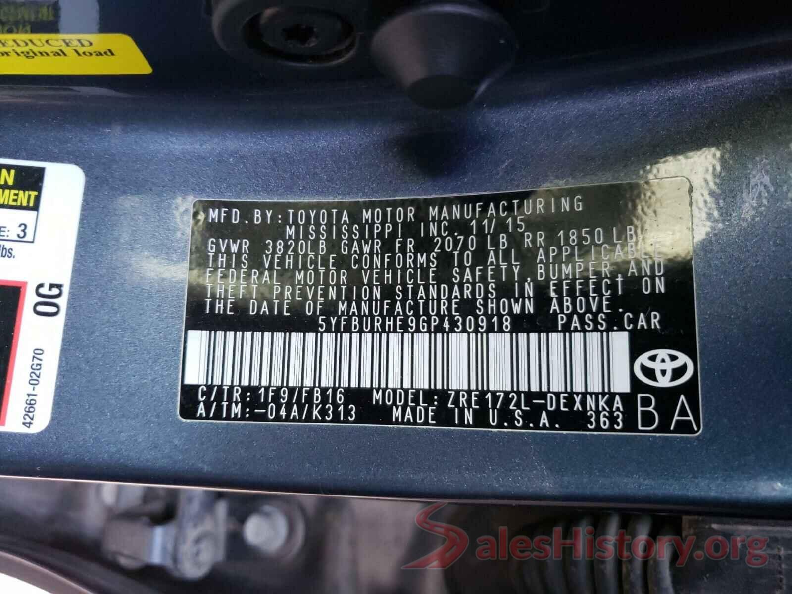 5YFBURHE9GP430918 2016 TOYOTA COROLLA