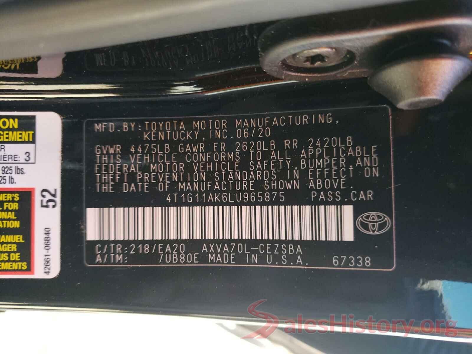 4T1G11AK6LU965875 2020 TOYOTA CAMRY