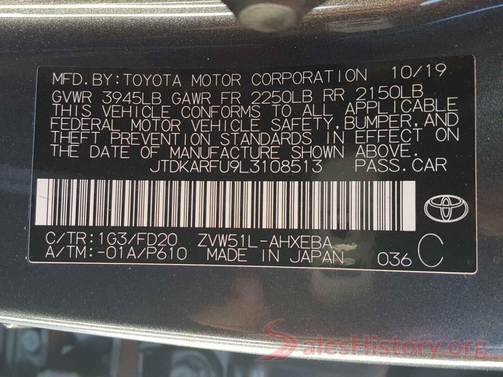 JTDKARFU9L3108513 2020 TOYOTA PRIUS