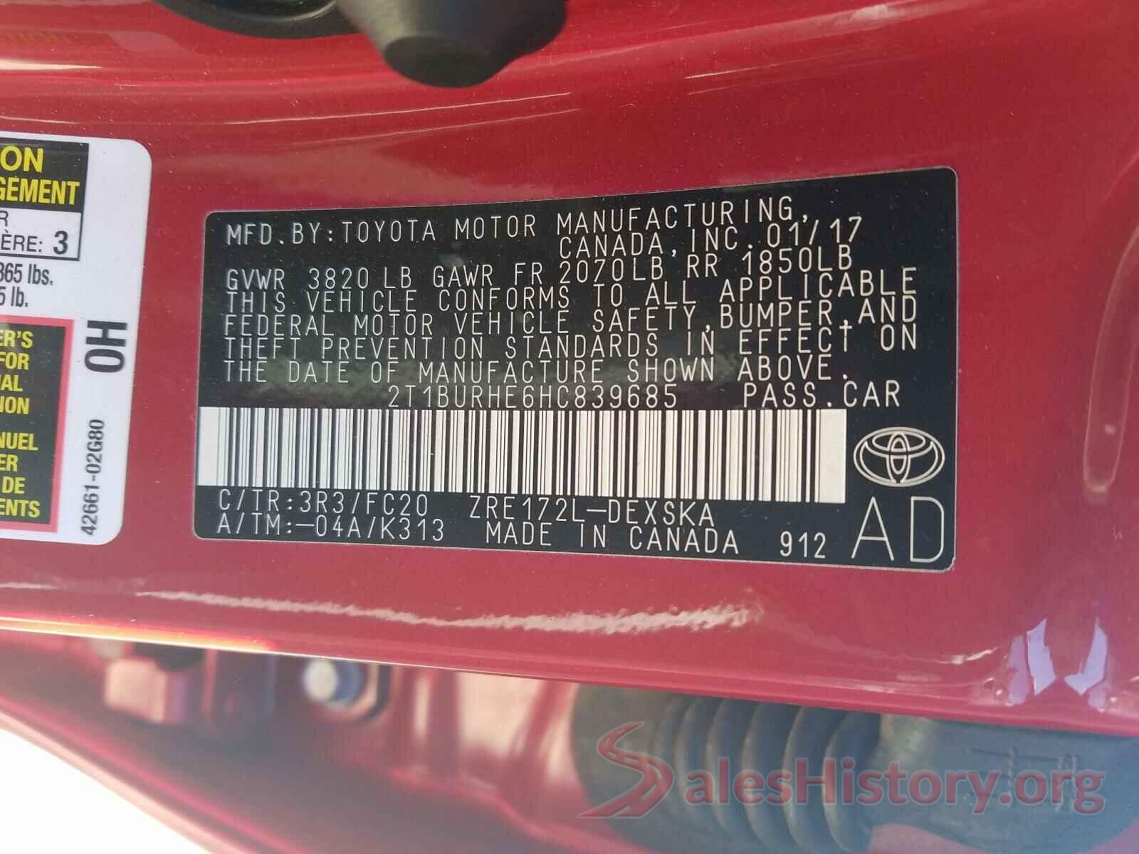 2T1BURHE6HC839685 2017 TOYOTA COROLLA