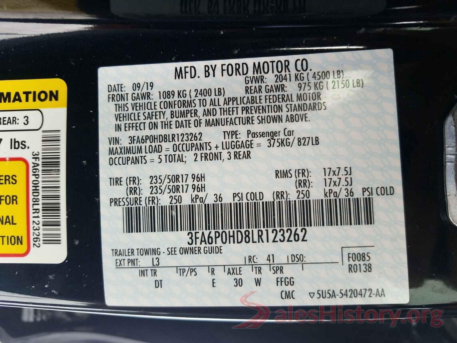 3FA6P0HD8LR123262 2020 FORD FUSION