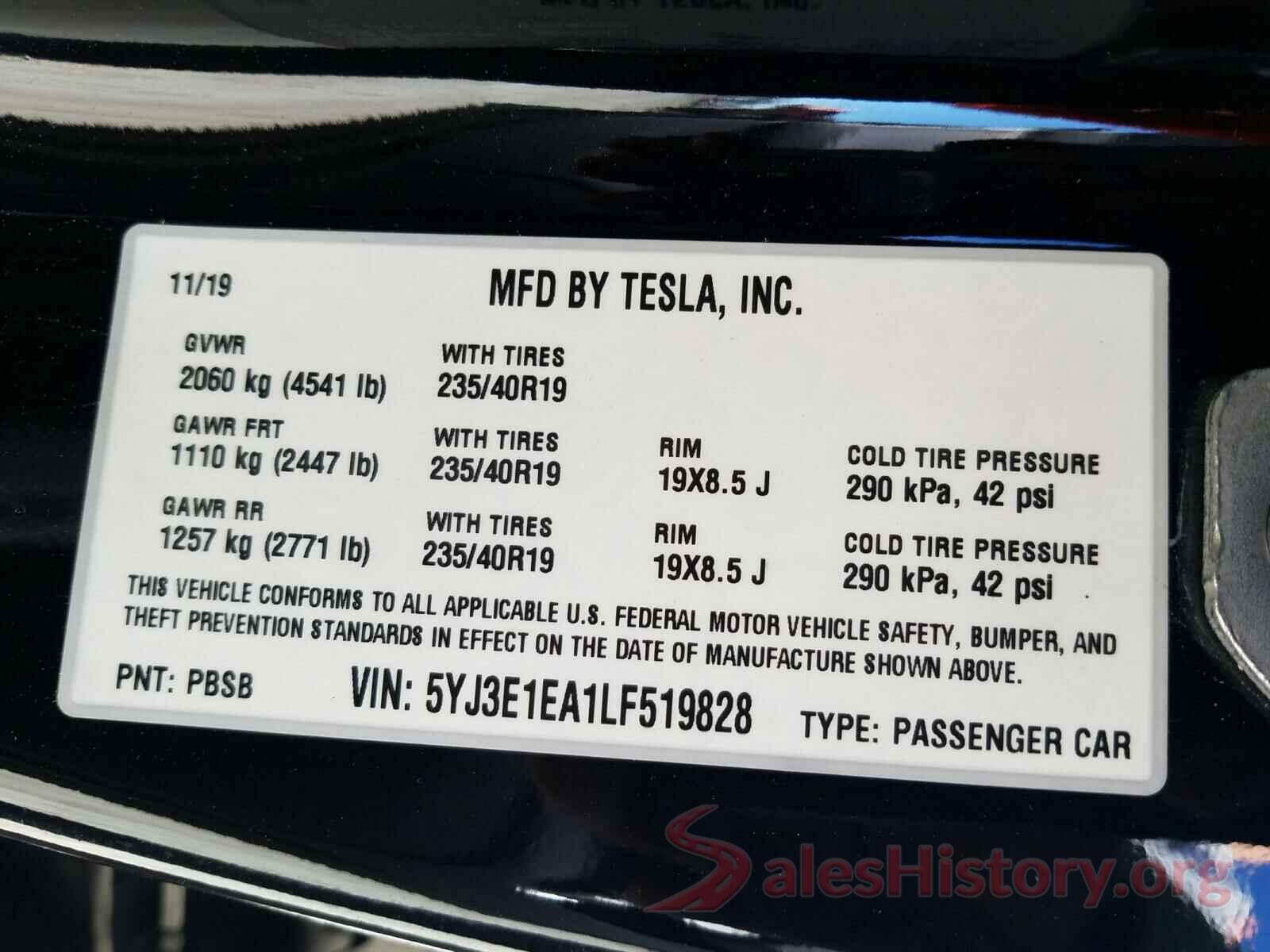 5YJ3E1EA1LF519828 2020 TESLA MODEL 3