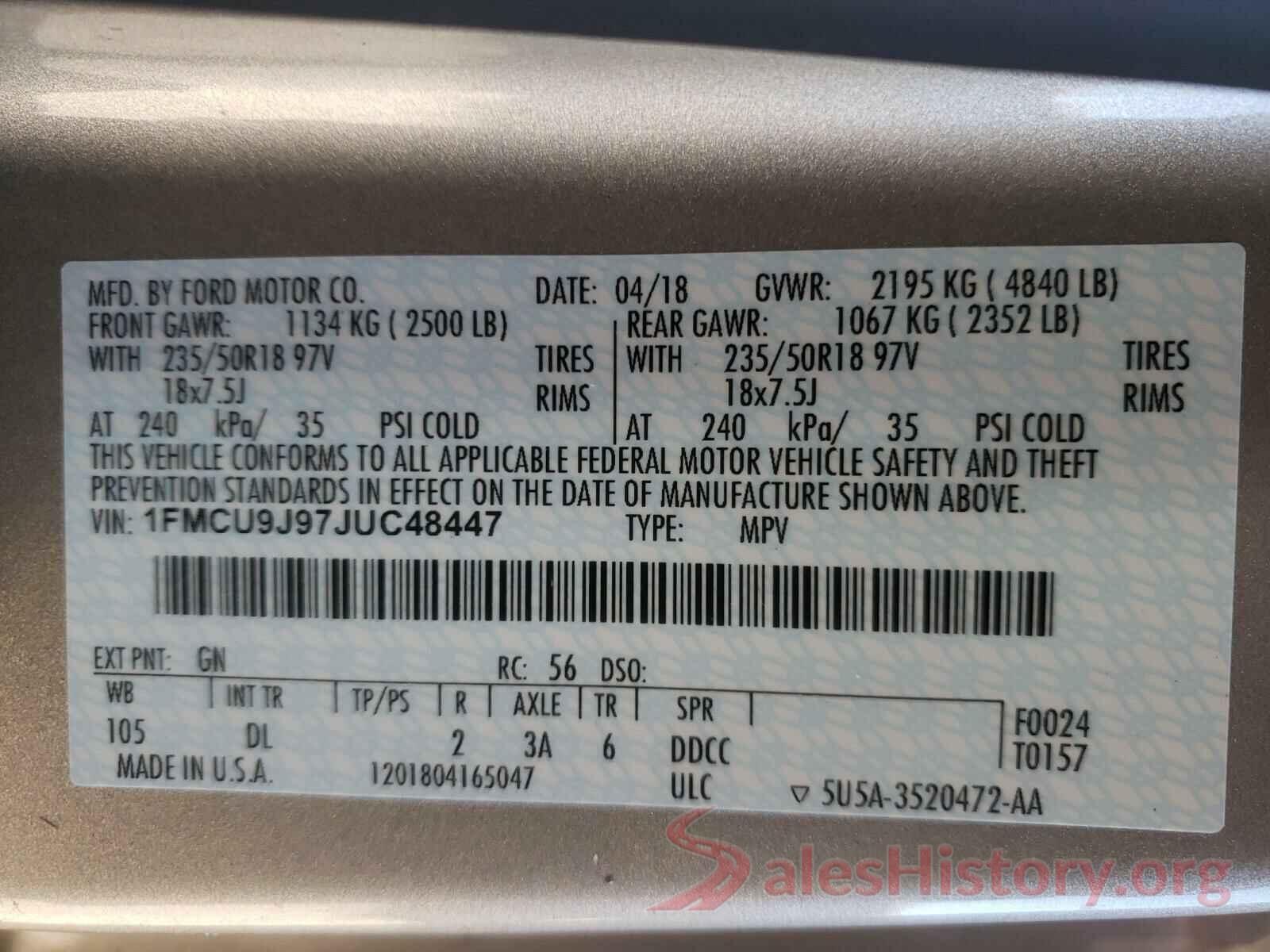 1FMCU9J97JUC48447 2018 FORD ESCAPE