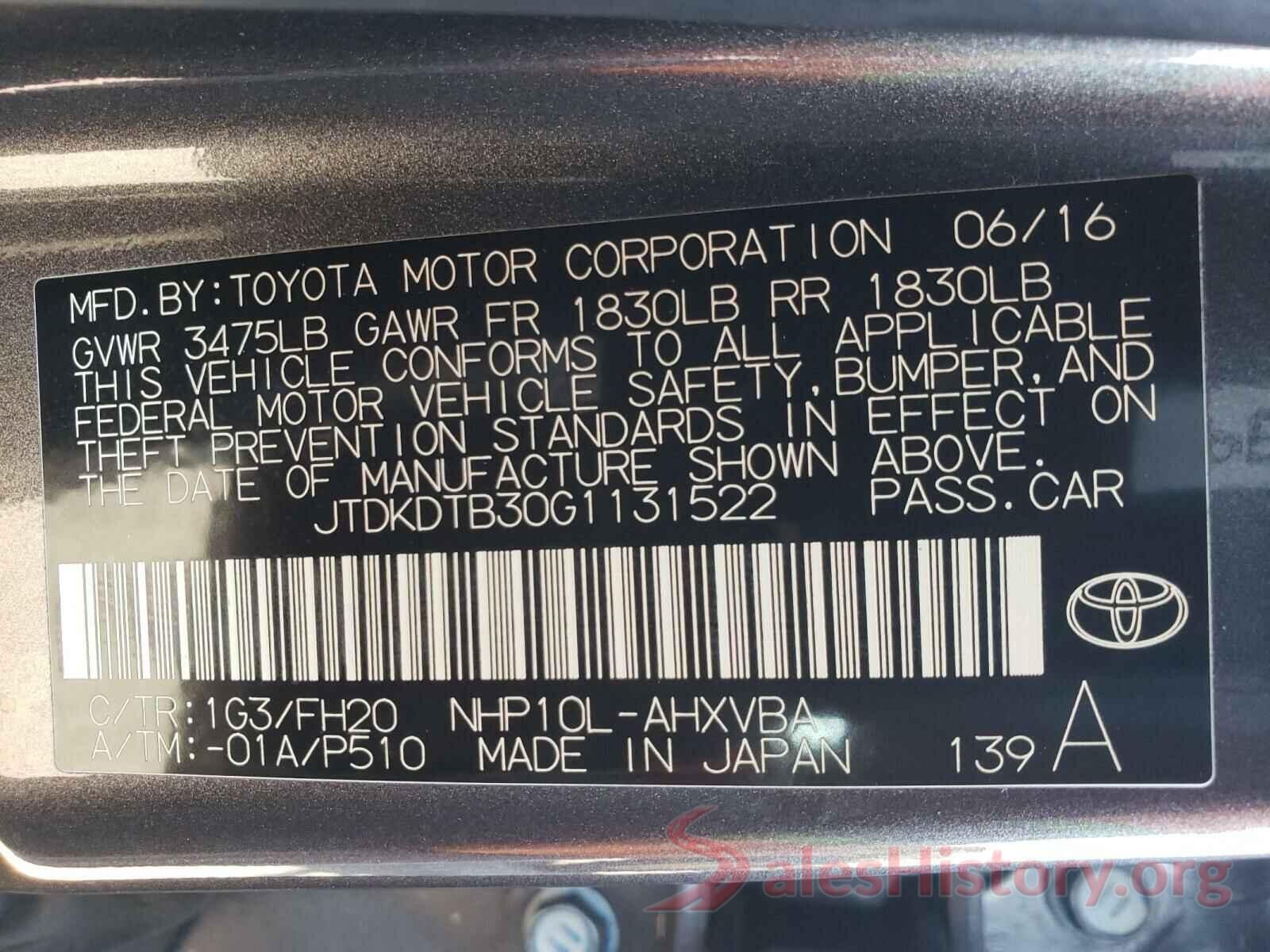 JTDKDTB30G1131522 2016 TOYOTA PRIUS