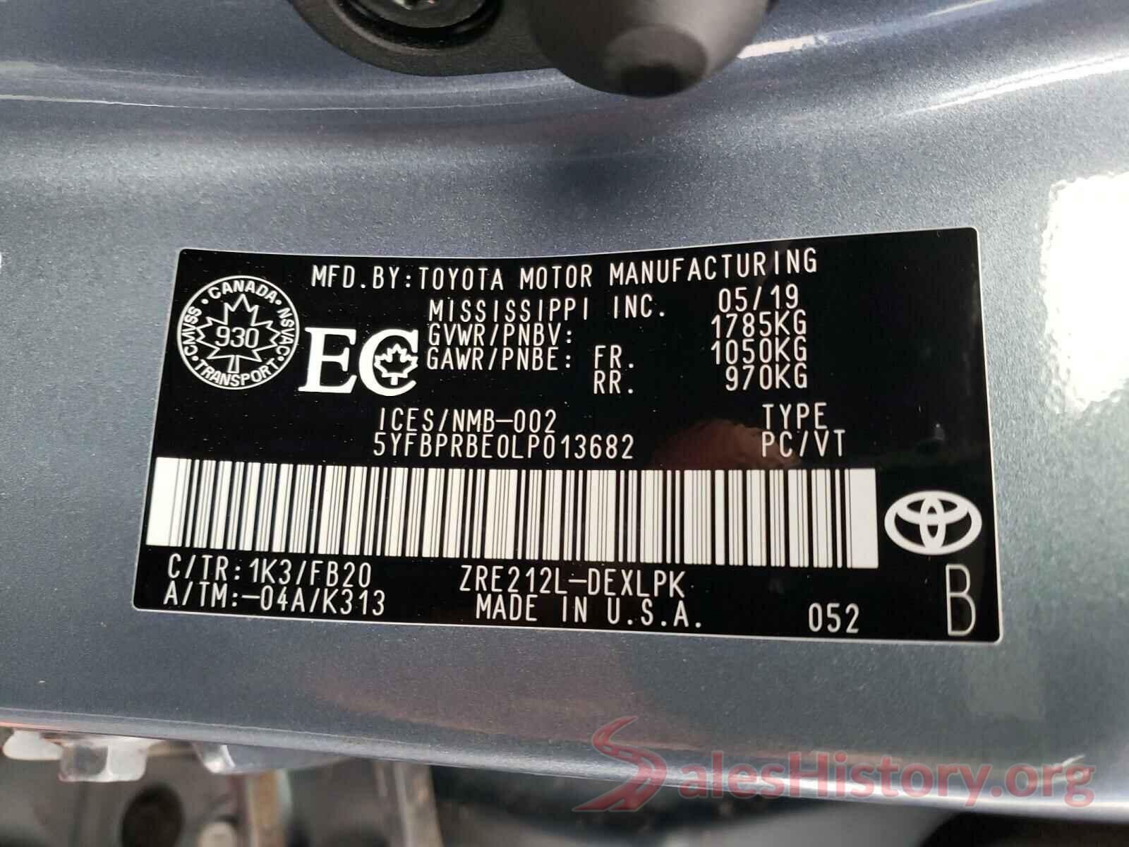 5YFBPRBE0LP013682 2020 TOYOTA COROLLA