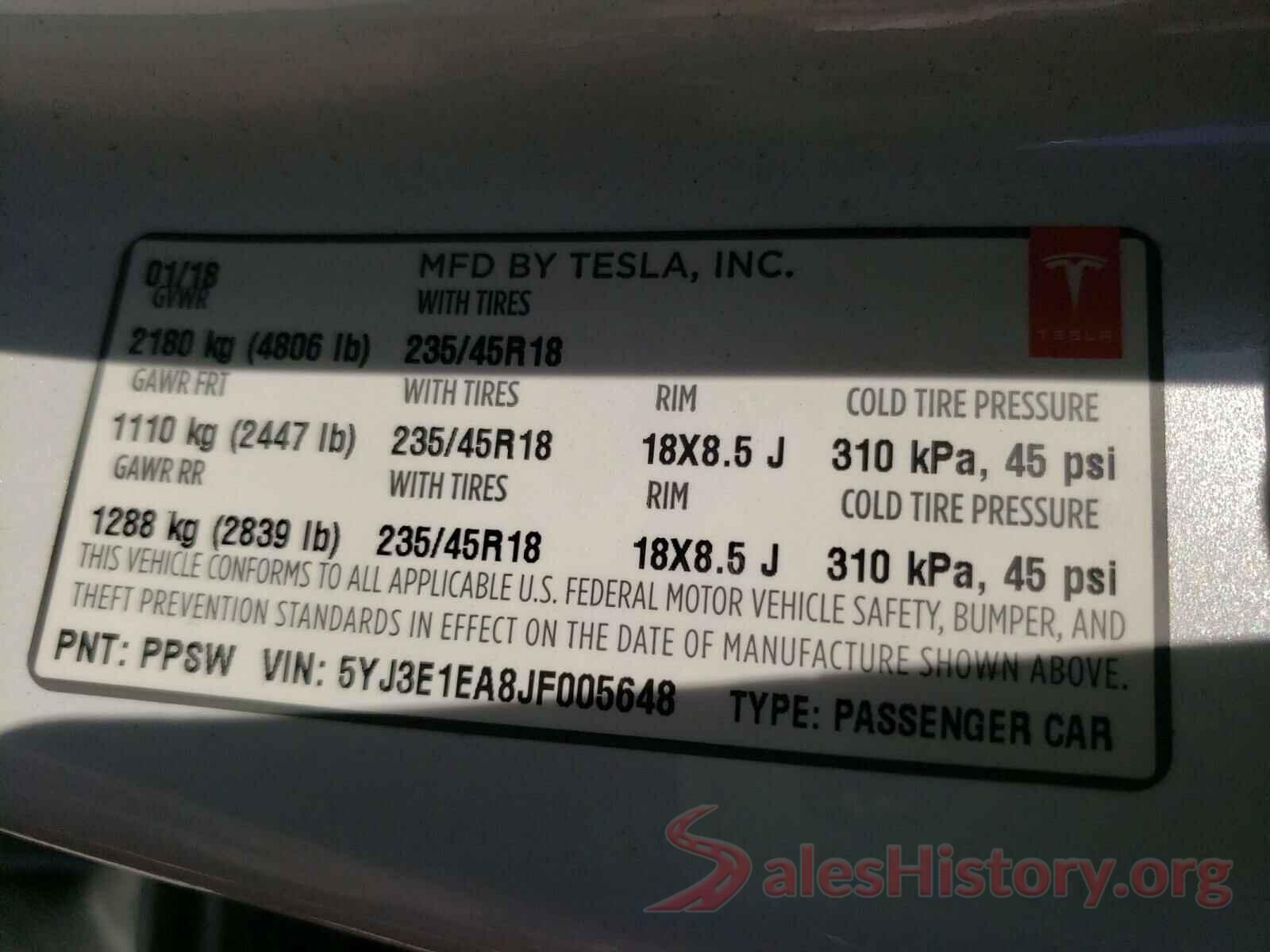 5YJ3E1EA8JF005648 2018 TESLA MODEL 3