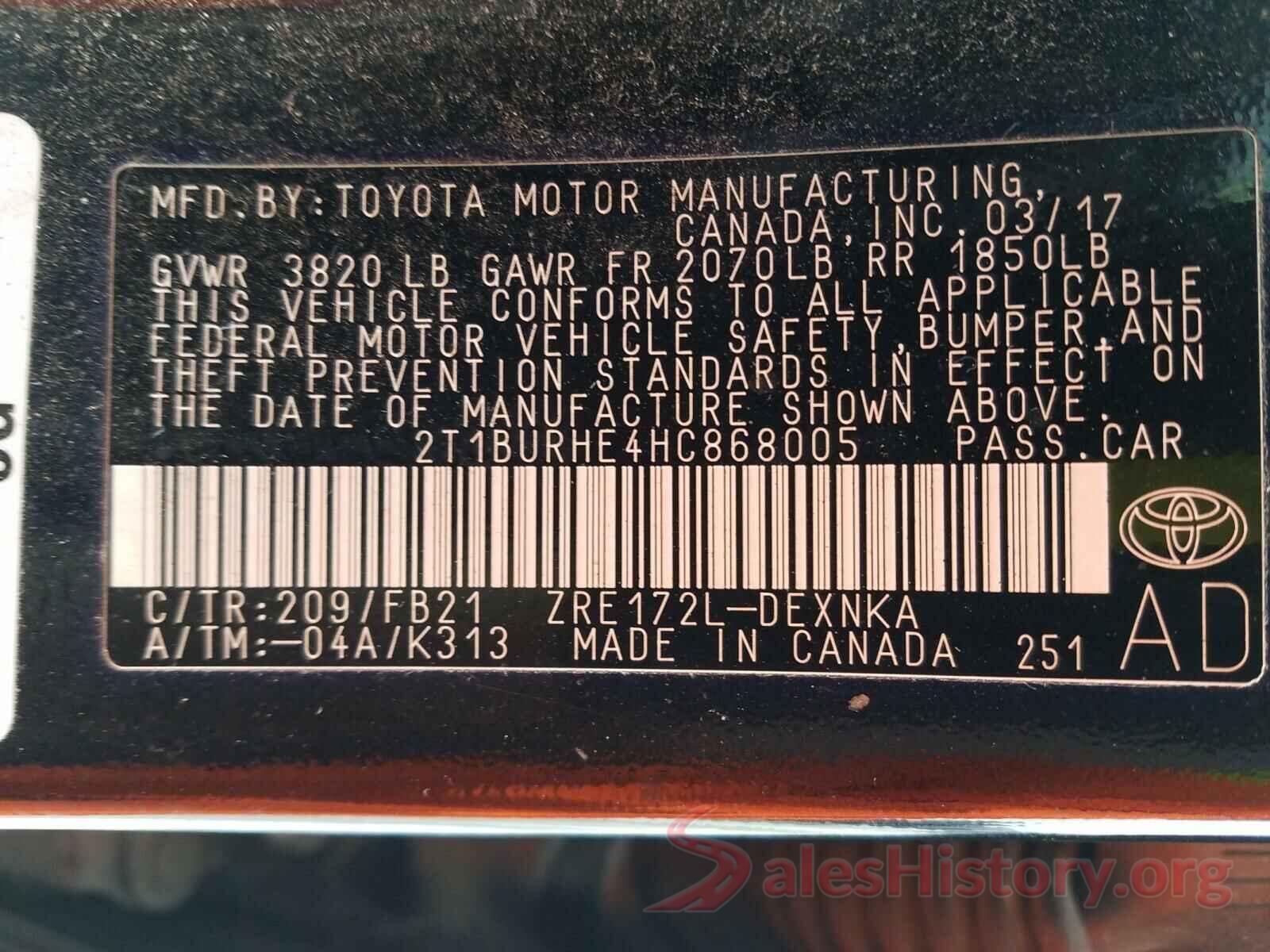 2T1BURHE4HC868005 2017 TOYOTA COROLLA