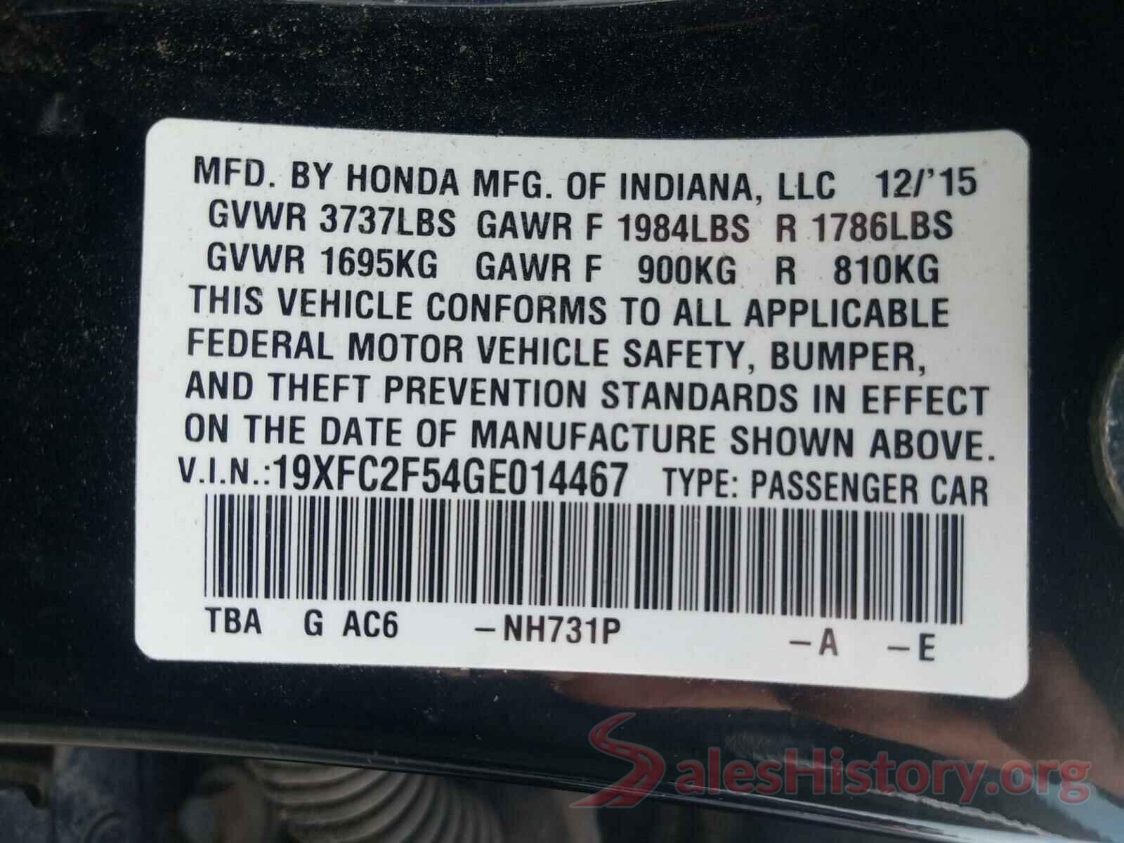 19XFC2F54GE014467 2016 HONDA CIVIC