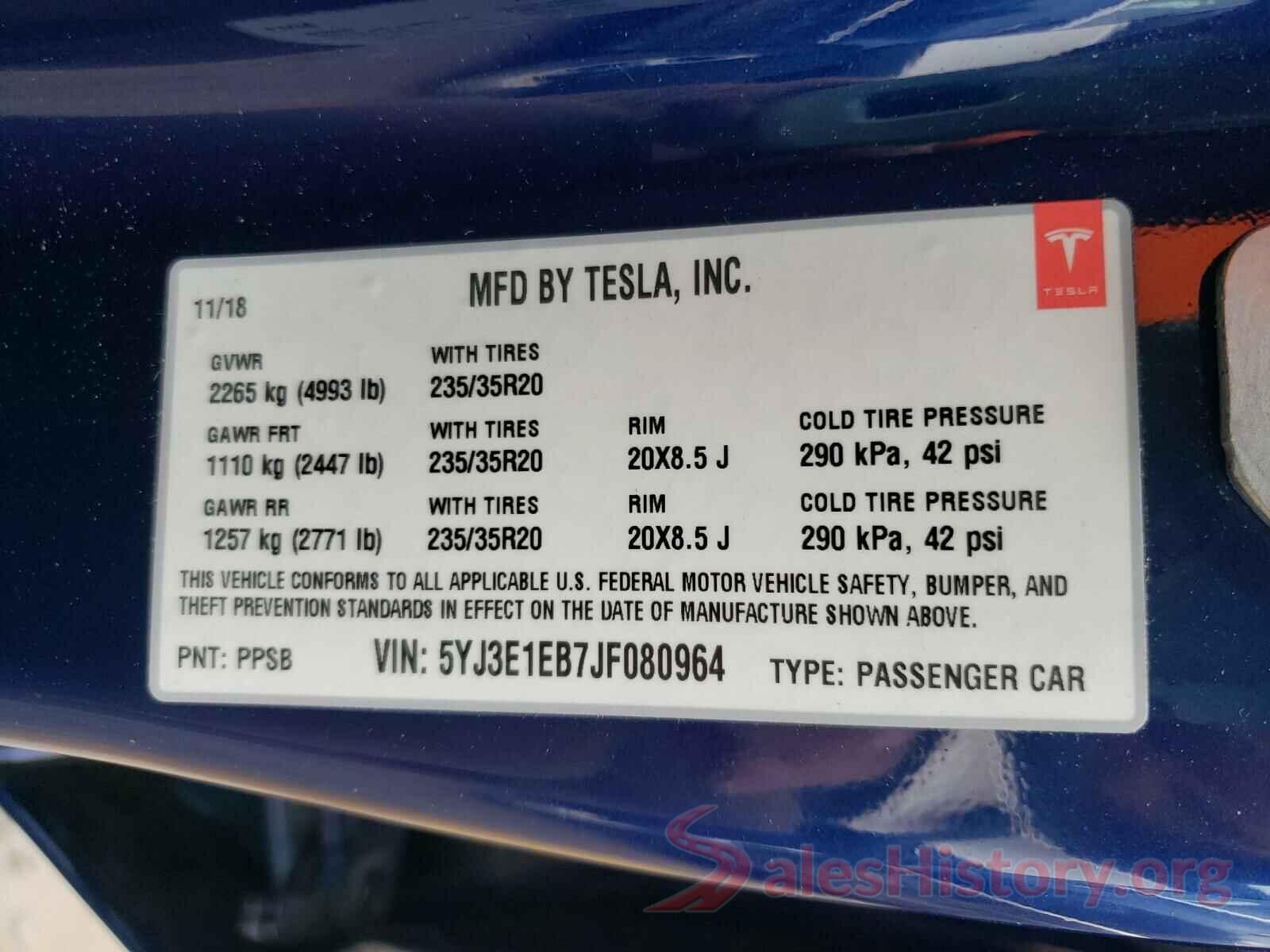 5YJ3E1EB7JF080964 2018 TESLA MODEL 3