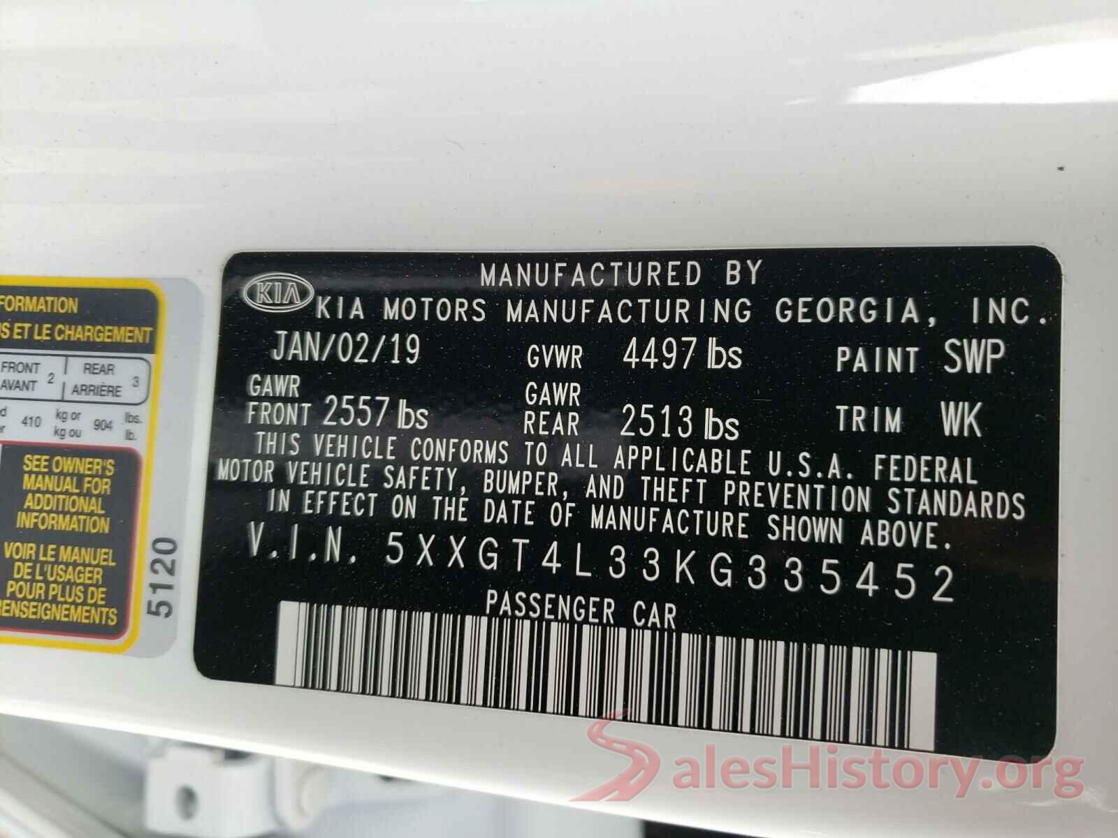 5XXGT4L33KG335452 2019 KIA OPTIMA