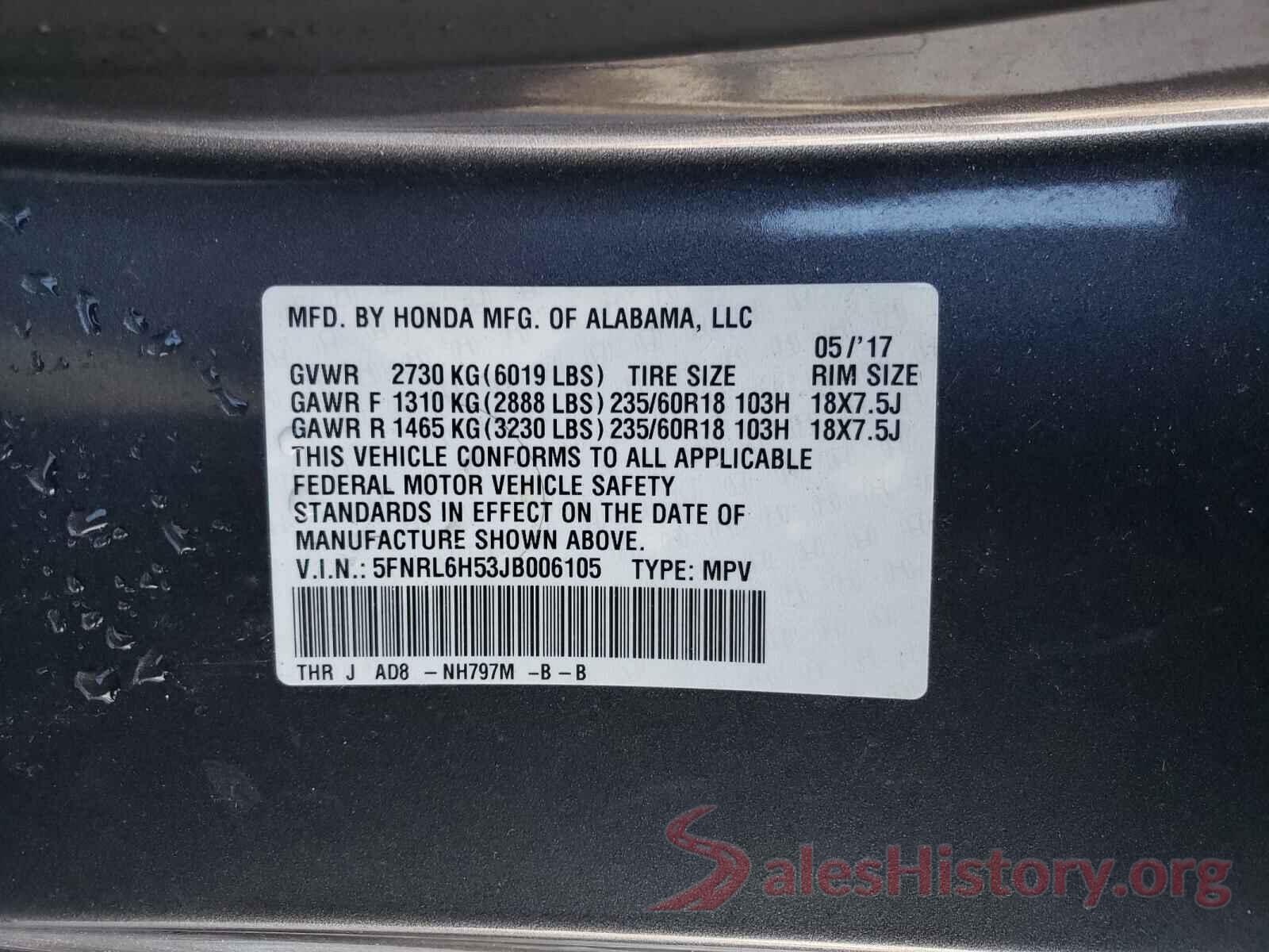 5FNRL6H53JB006105 2018 HONDA ODYSSEY