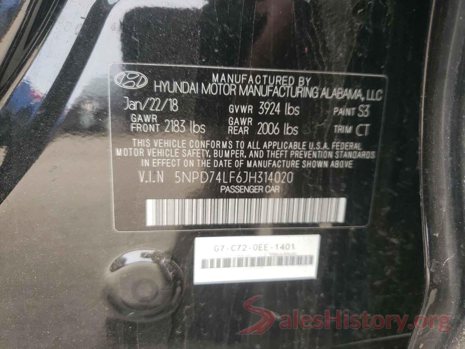 5NPD74LF6JH314020 2018 HYUNDAI ELANTRA