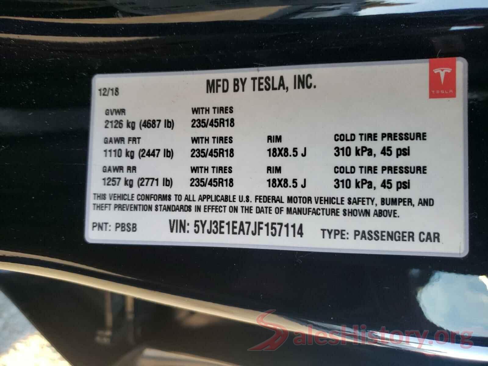 5YJ3E1EA7JF157114 2018 TESLA MODEL 3