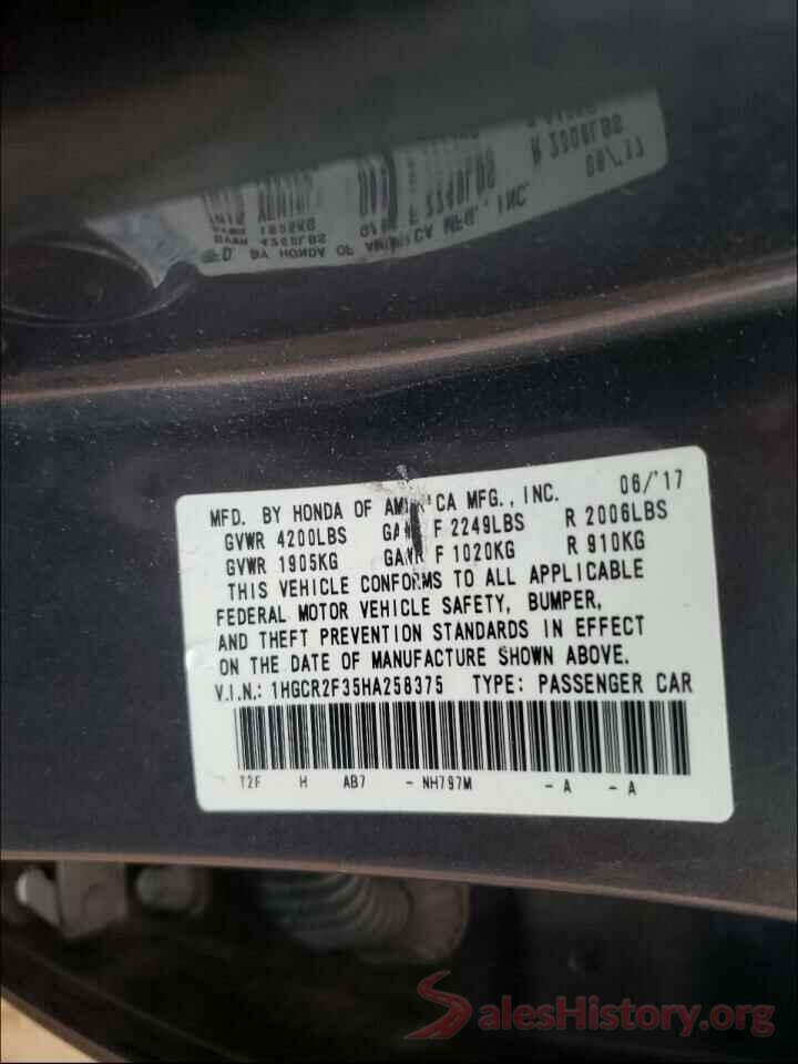 1HGCR2F35HA258375 2017 HONDA ACCORD