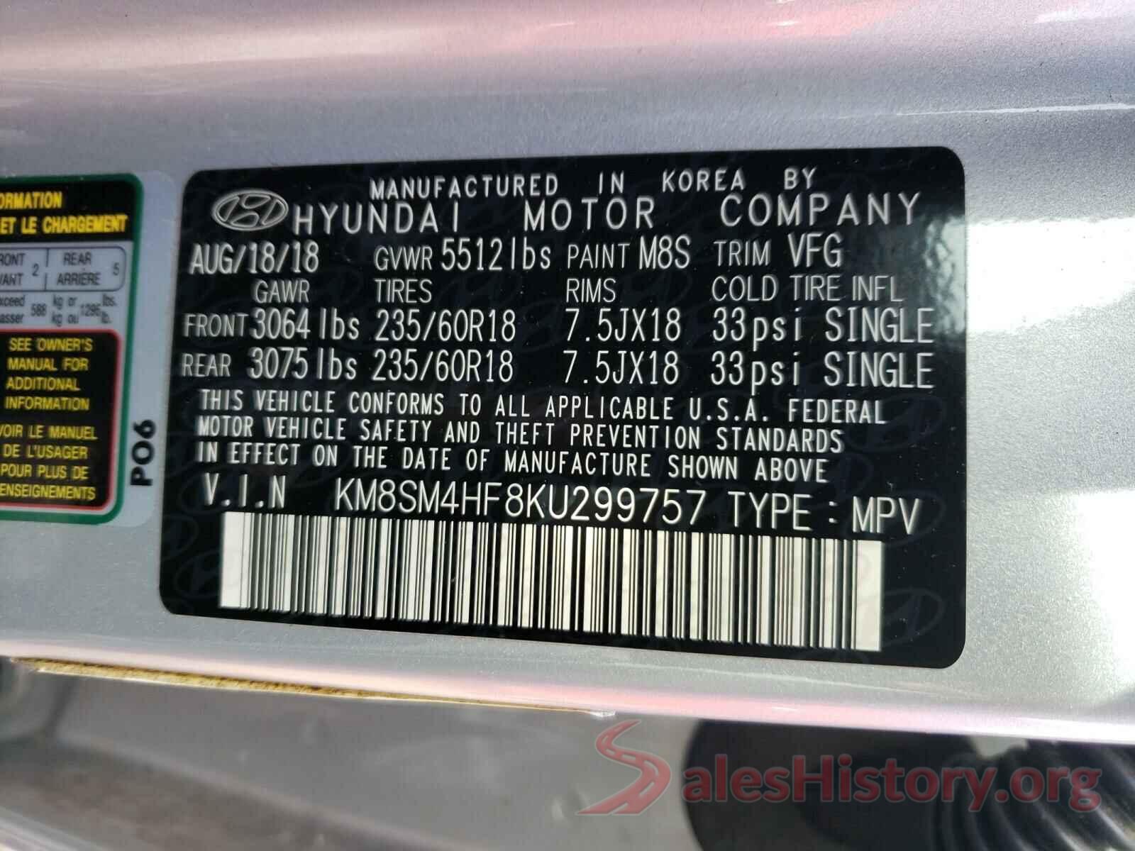 KM8SM4HF8KU299757 2019 HYUNDAI SANTA FE