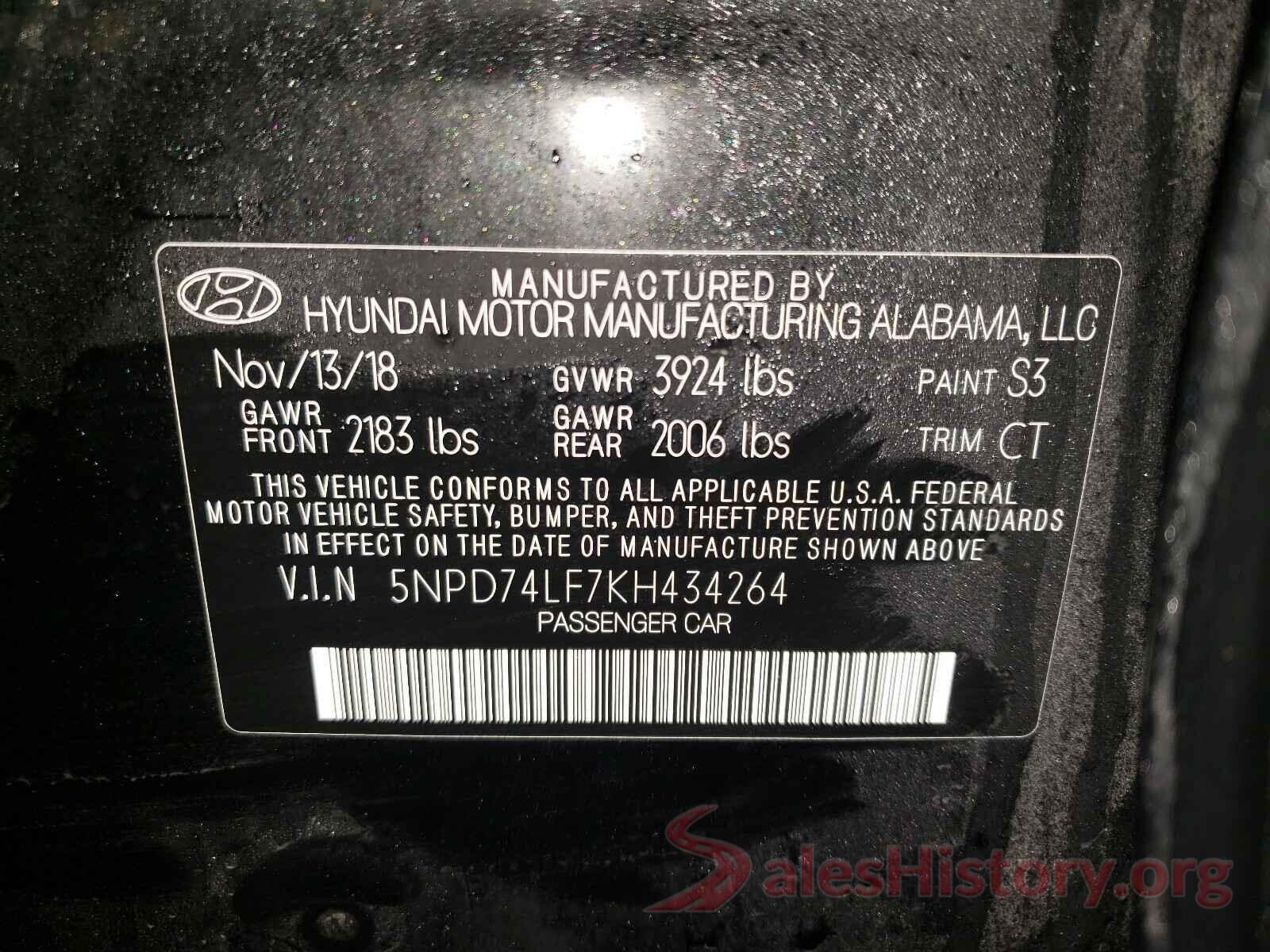 5NPD74LF7KH434264 2019 HYUNDAI ELANTRA