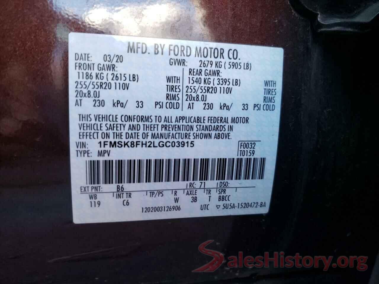 1FMSK8FH2LGC03915 2020 FORD EXPLORER