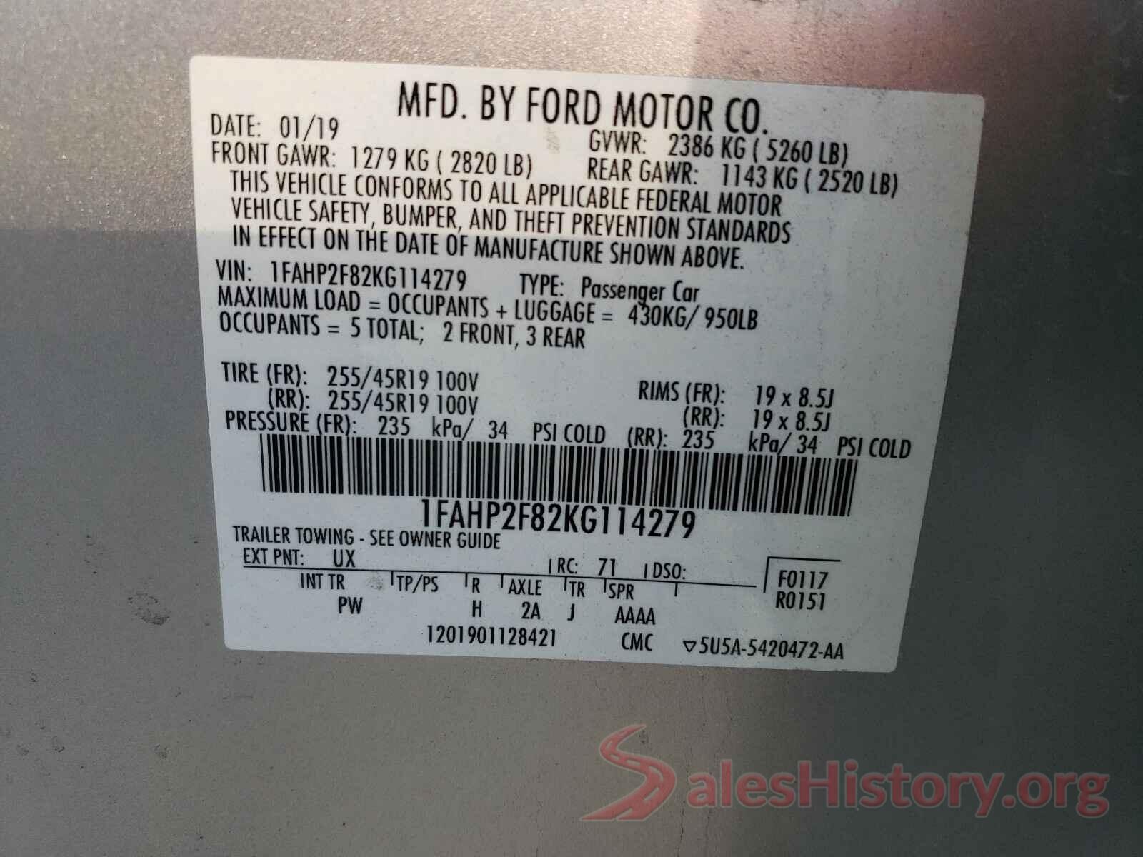 1FAHP2F82KG114279 2019 FORD TAURUS