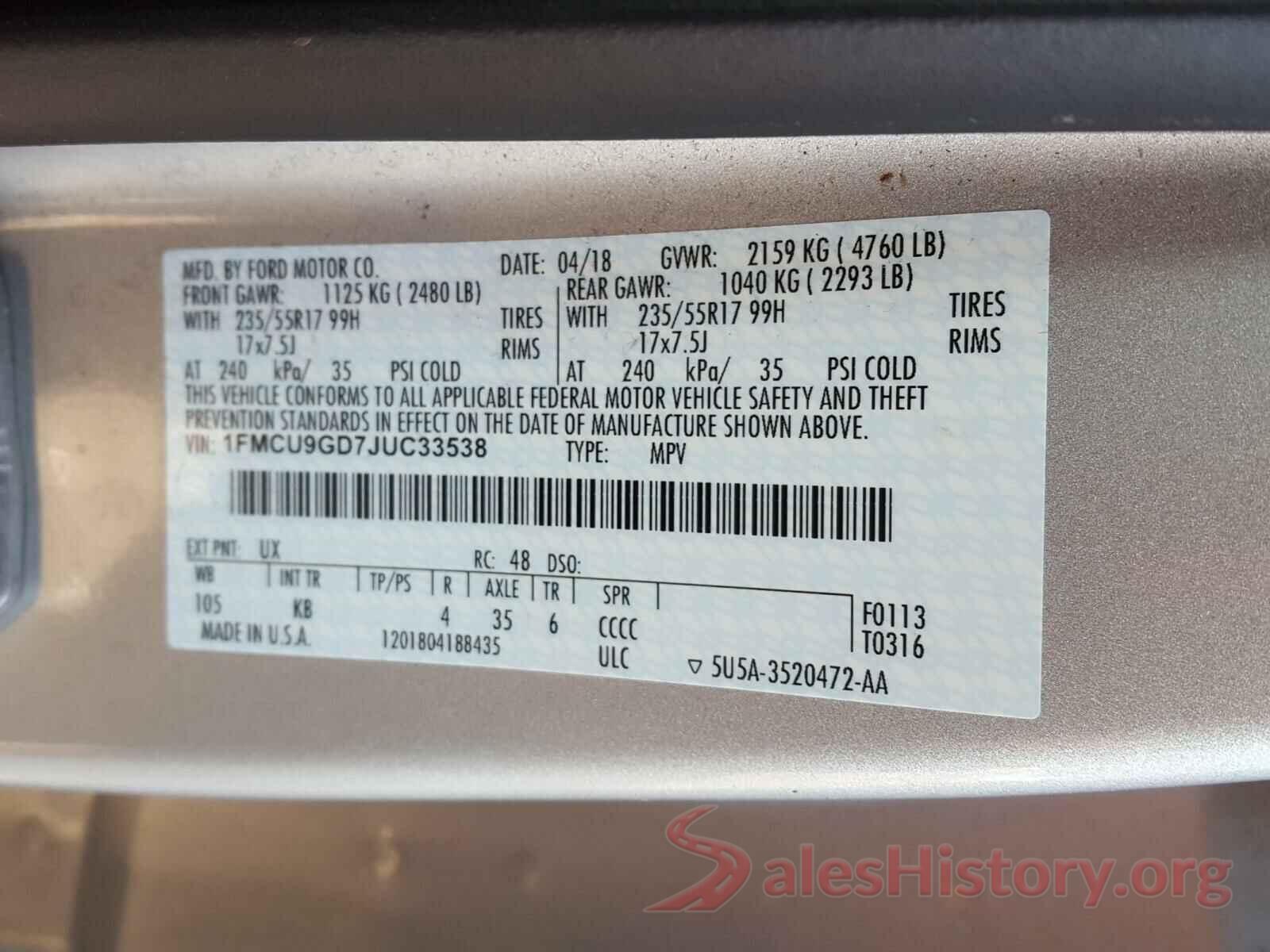 1FMCU9GD7JUC33538 2018 FORD ESCAPE