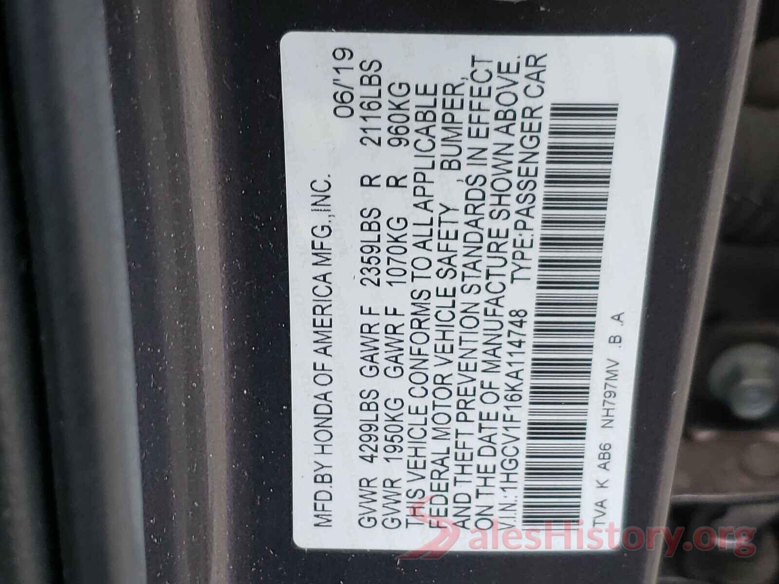 1HGCV1F16KA114748 2019 HONDA ACCORD