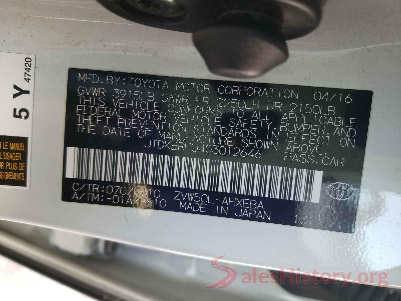 JTDKBRFU4G3012646 2016 TOYOTA PRIUS